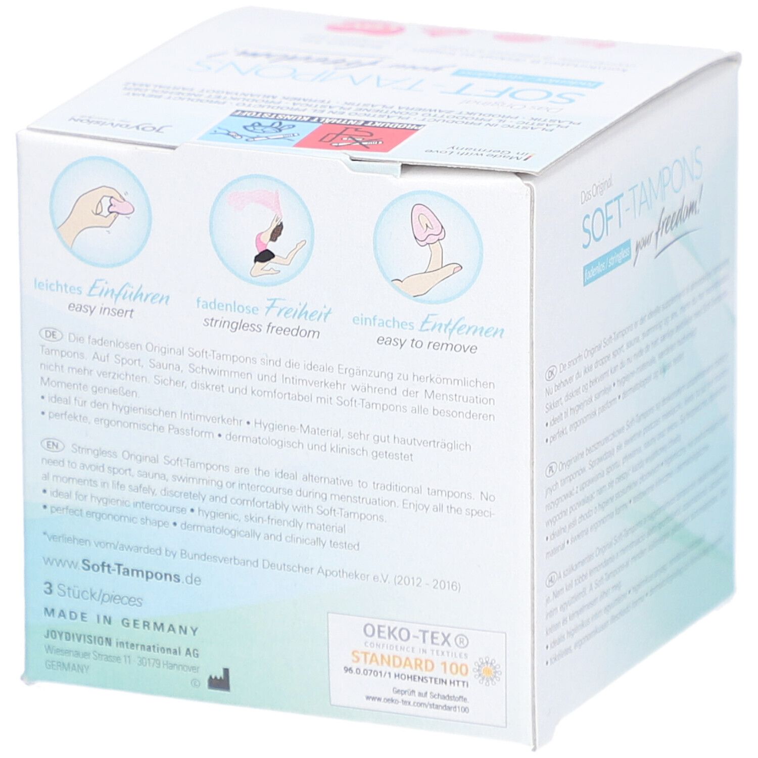 Rückseite der Verpackung mit Soft-Tampons. Illustrationen zur Anwendung. Aufschrift: 3 Stück. Mit Oeko-Tex Standard 100 Zertifizierung.