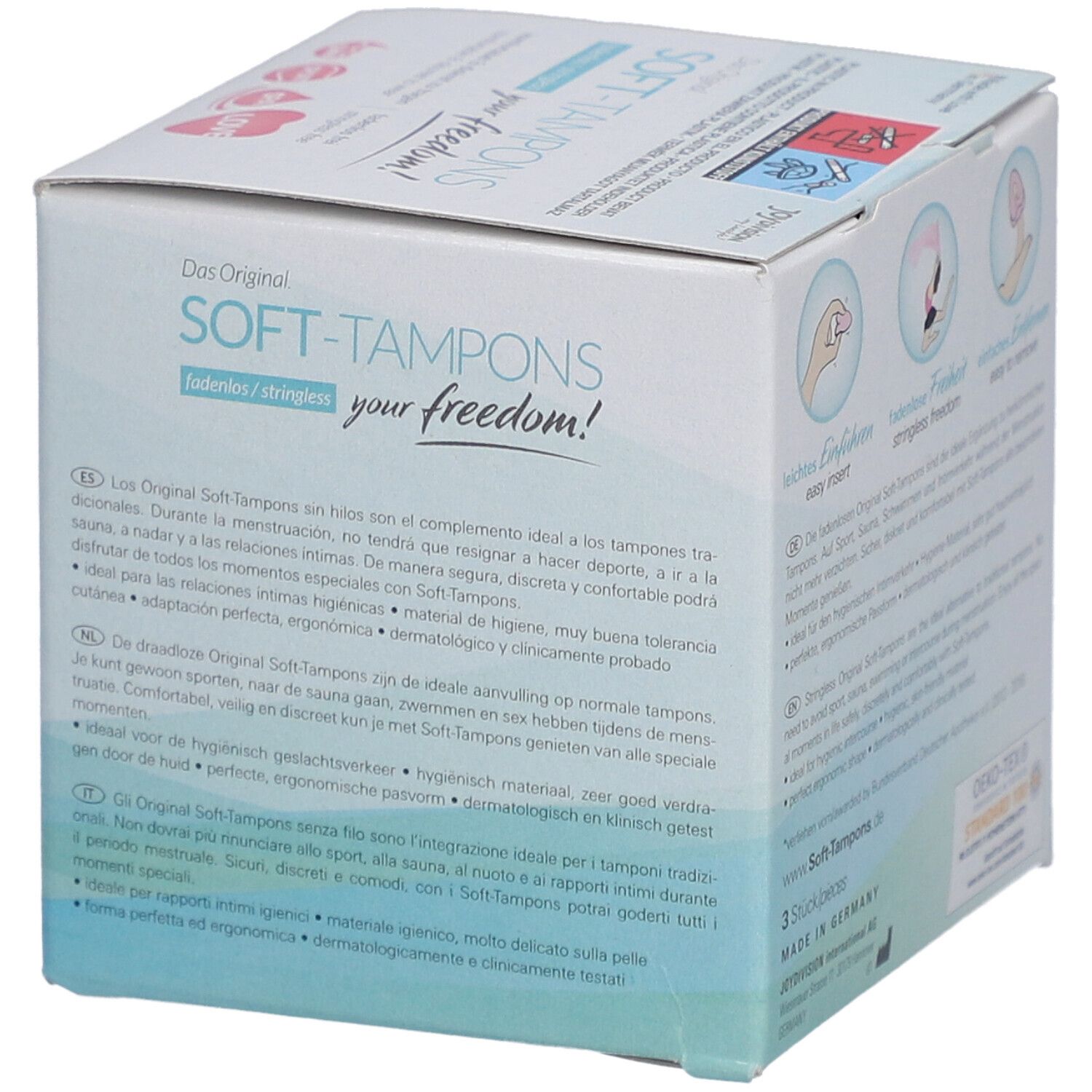 Verpackung mit Soft-Tampons. Text in mehreren Sprachen. Aufschrift: Das Original SOFT-TAMPONS. Illustrationen zur Anwendung.
