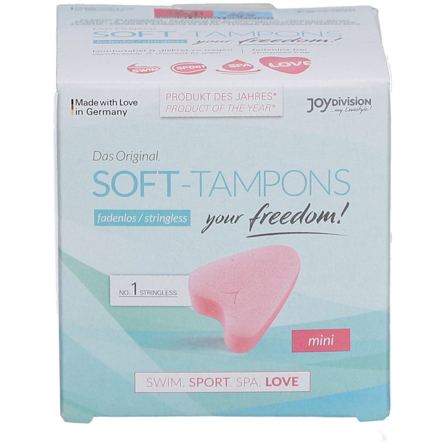 Verpackung mit Soft-Tampons. Rosa Tampon in Herzform. Aufschrift: Das Original SOFT-TAMPONS, mini. Mit Zertifizierung.