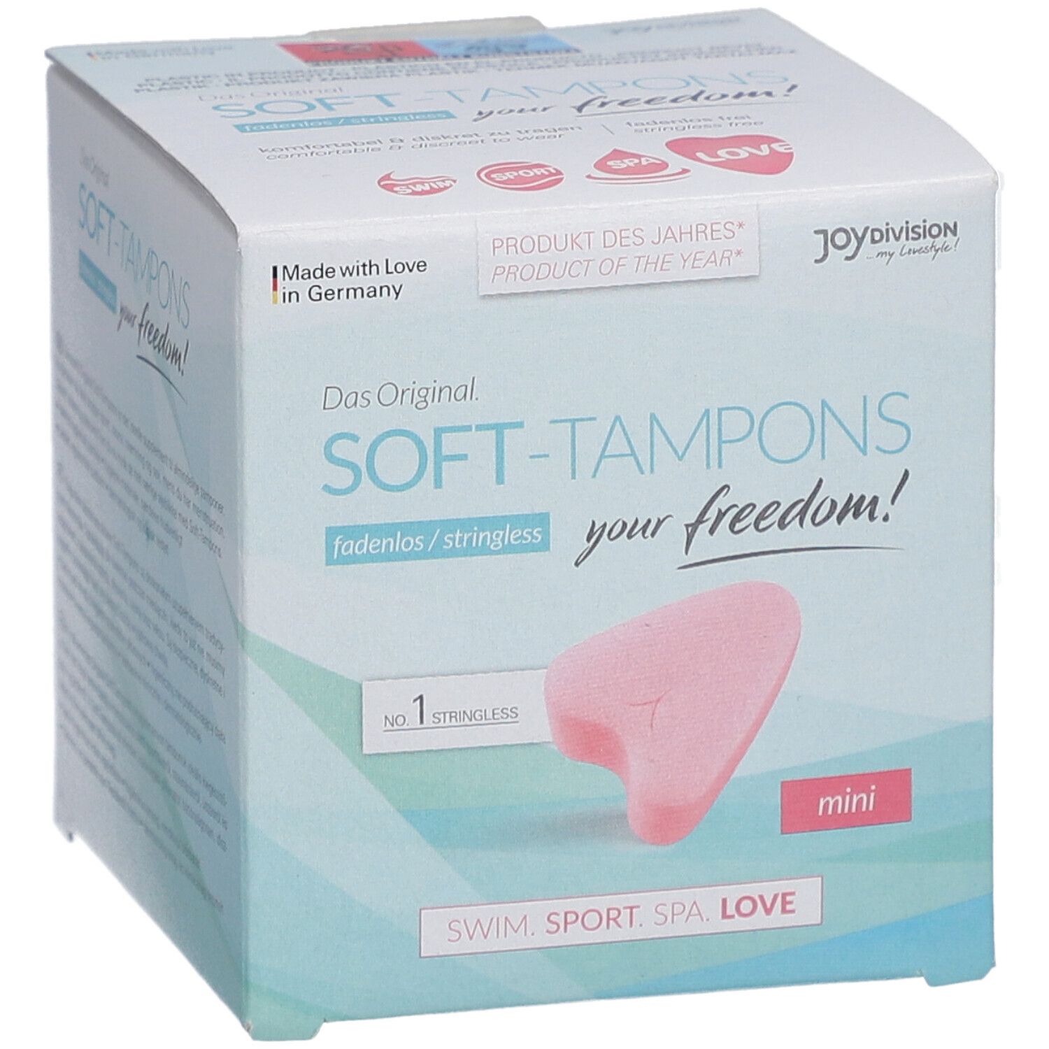 Verpackung mit Soft-Tampons. Rosa Tampon in Herzform. Aufschrift: Das Original SOFT-TAMPONS, mini. Mit Zertifizierung.