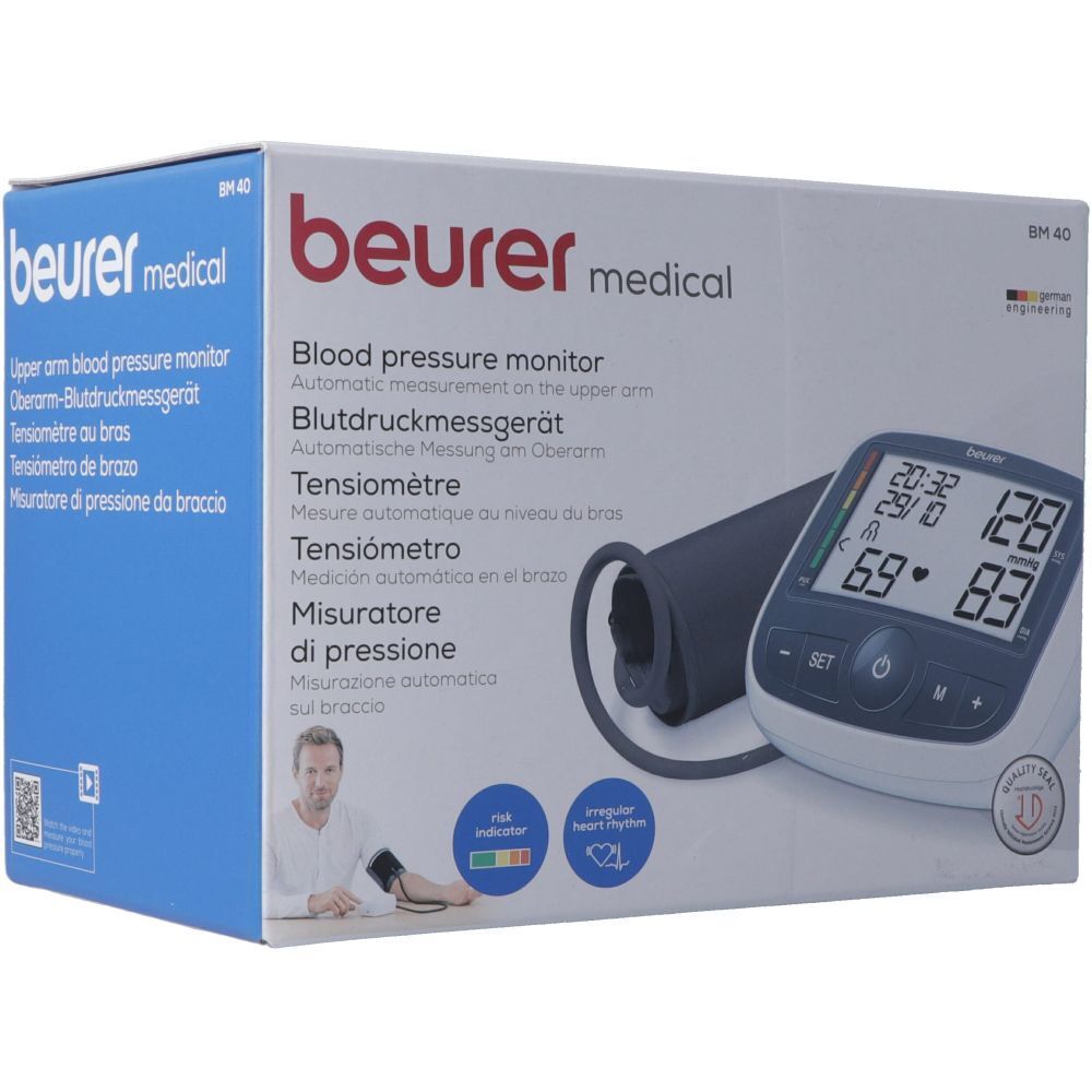 Verpackung eines Blutdruckmessgeräts. Aufdrucke: "beurer medical", "BM 40", Messgerät und Manschette abgebildet.