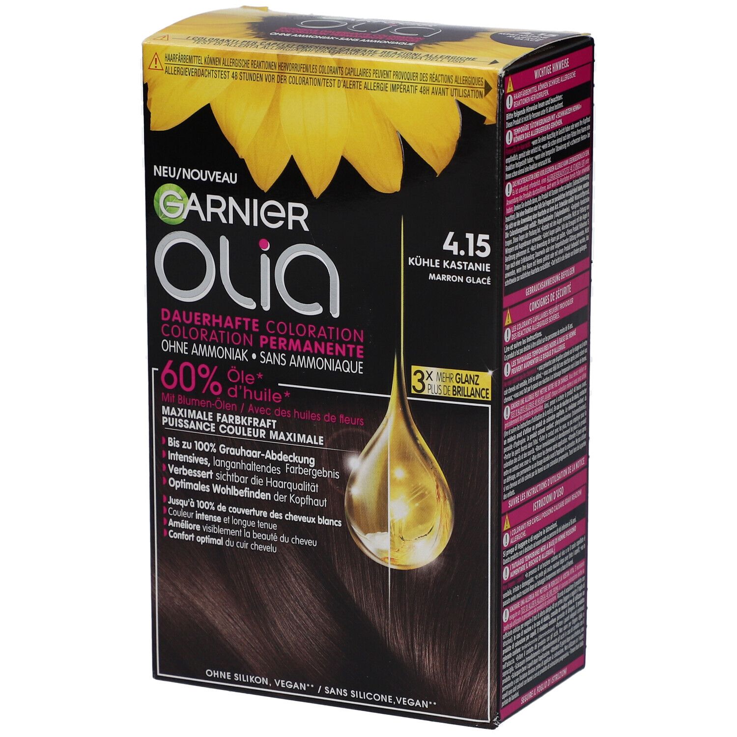 Garnier Olia coloration permanente 4.15 Marron glacé. Boîte avec informations produit et motif tournesol. Contient 60% d'huile.