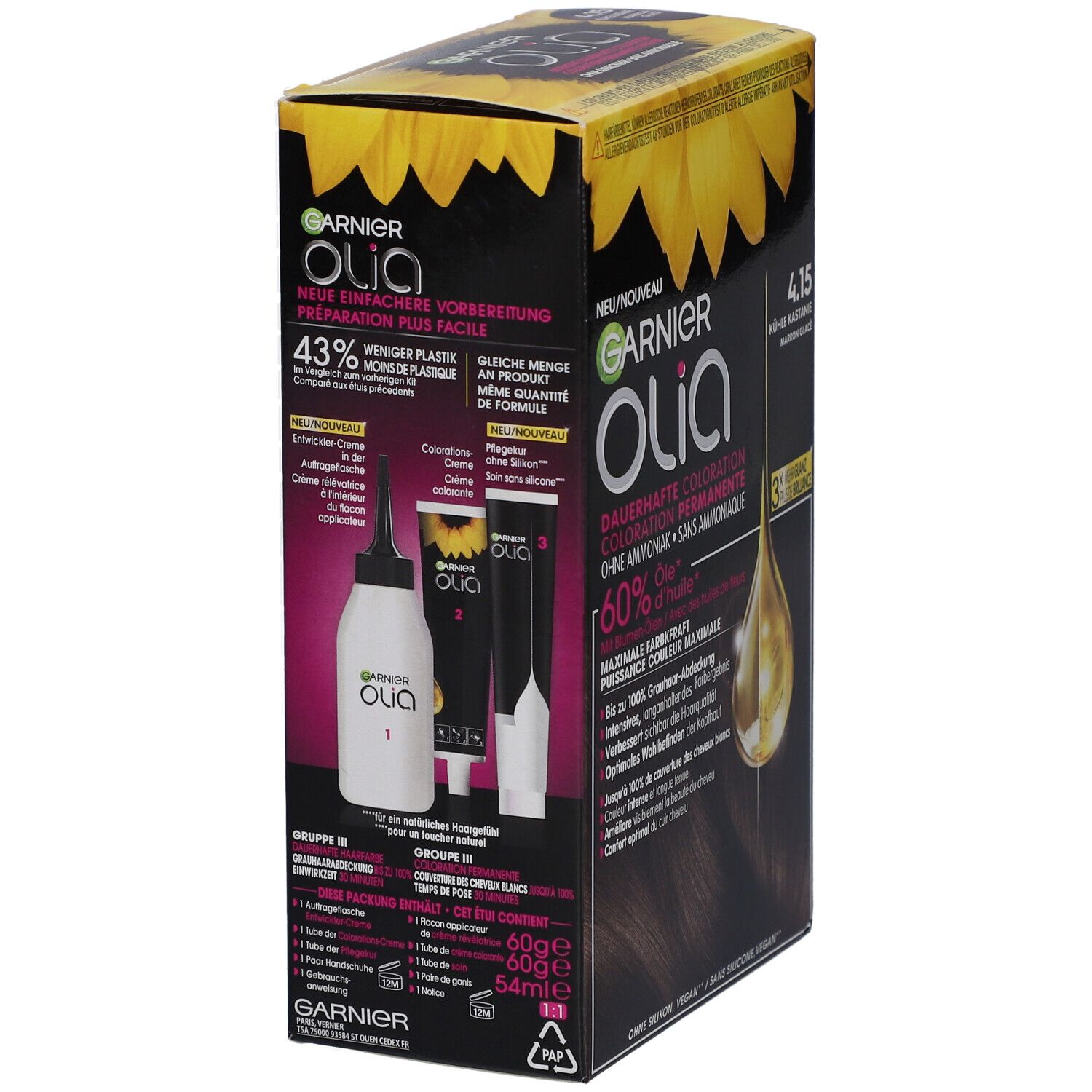 Emballage Garnier Olia coloration. Contient flacon, applicateur, crème et instructions. 43% moins de plastique.