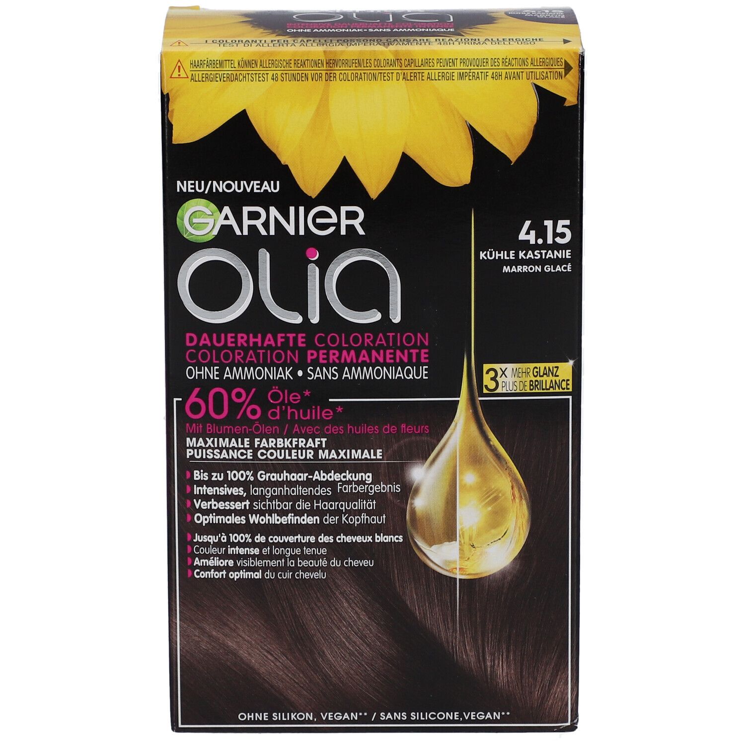 Garnier Olia coloration permanente 4.15 Marron glacé. Boîte avec informations produit et motif tournesol. 3x plus de brillance.