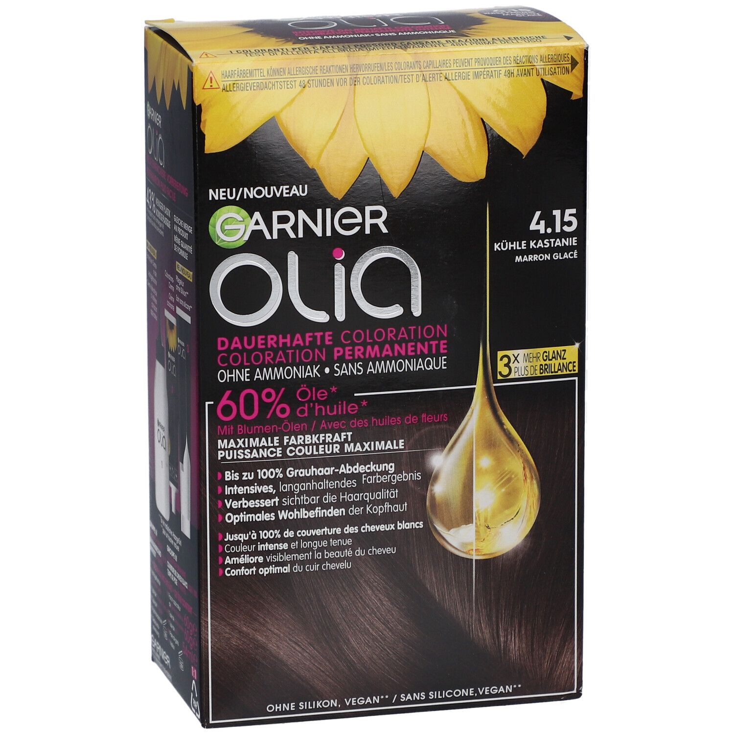 Garnier Olia coloration permanente 4.15 Marron glacé. Boîte avec informations produit et motif tournesol. 3x plus de brillance.