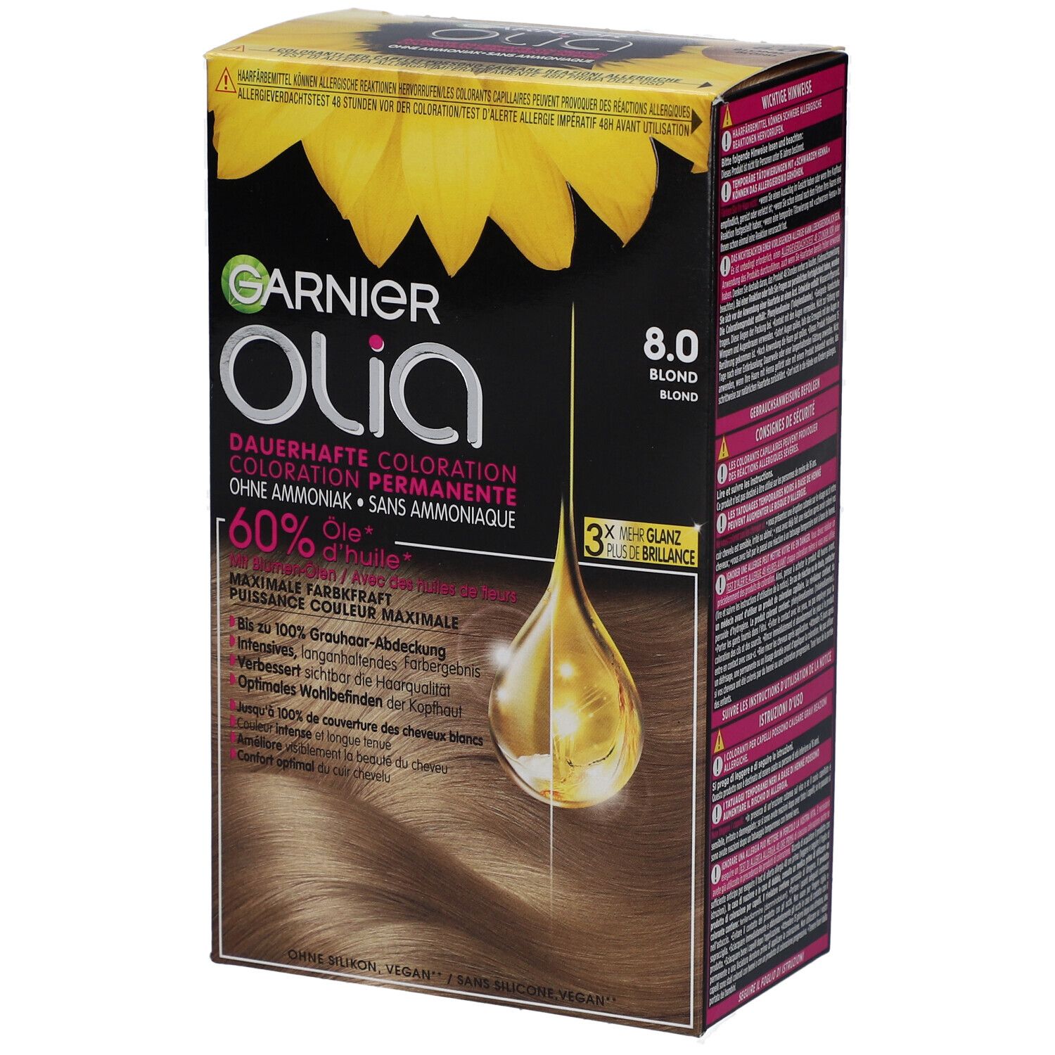 Coloration Garnier Olia 8.0 Blond Clair. Boîte avec motif tournesol et informations produit. Illustration goutte.
