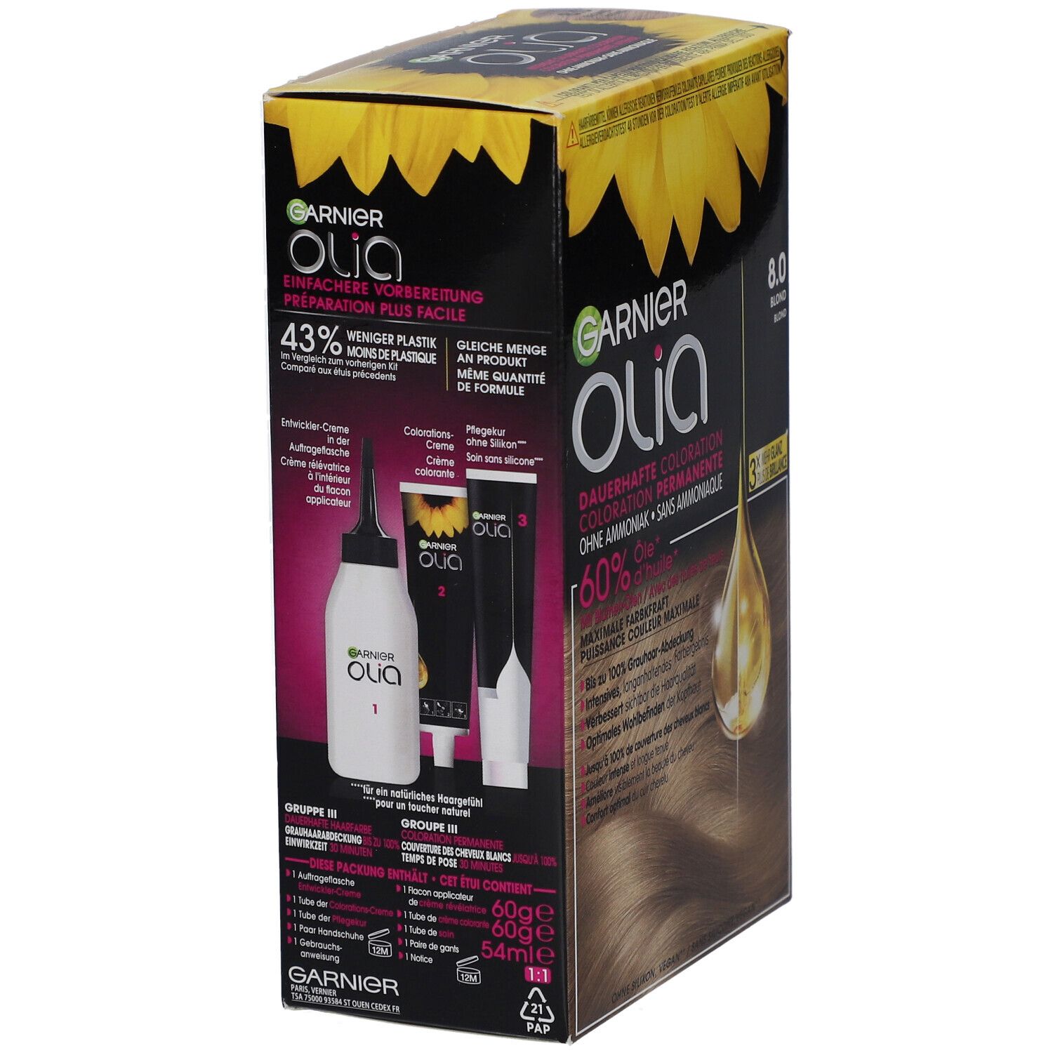 Pack de coloration Garnier Olia. Contient flacon, applicateur, crème. 43% moins de plastique. Infos produit.