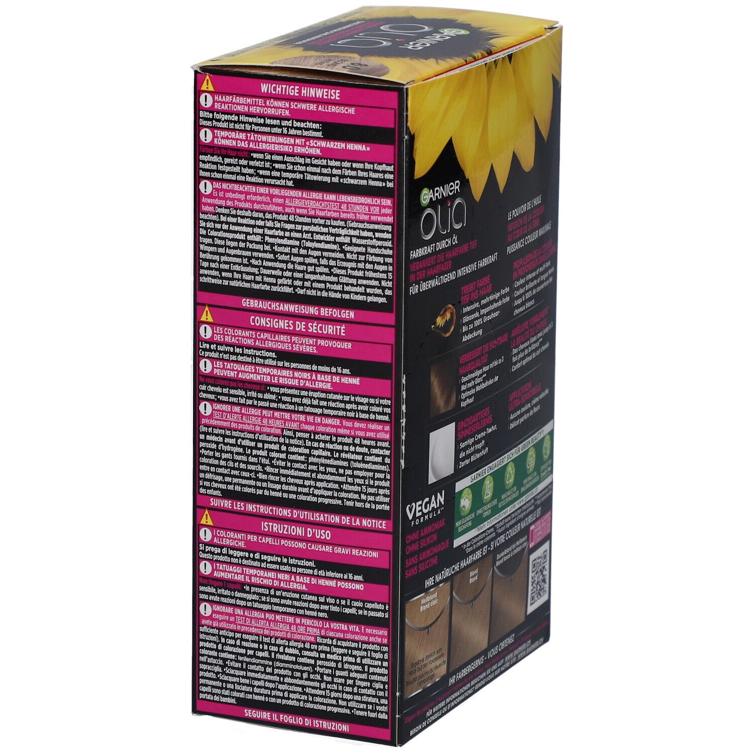 Emballage de coloration Garnier Olia. Consignes importantes, mode d'emploi, précautions de sécurité, formule vegan.