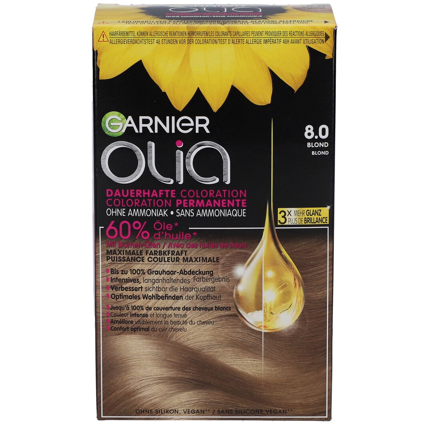 Coloration Garnier Olia 8.0 Blond Clair. Boîte avec motif tournesol et informations produit. Illustration goutte.