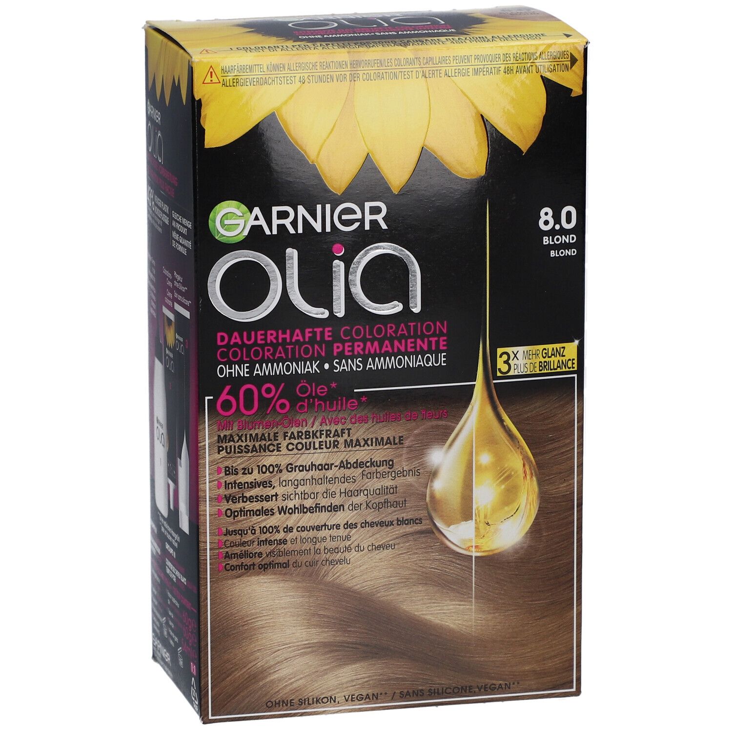 Coloration Garnier Olia 8.0 Blond Clair. Boîte avec motif tournesol et informations produit. Illustration goutte.