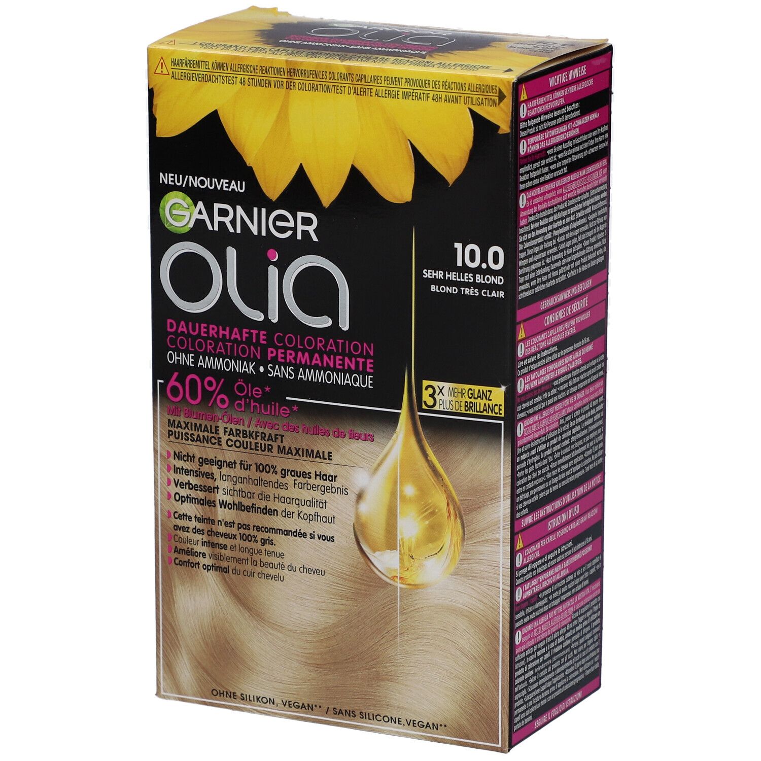 Garnier Olia, coloration permanente 10.0 Blond très clair. Boîte avec tournesol et informations produit.