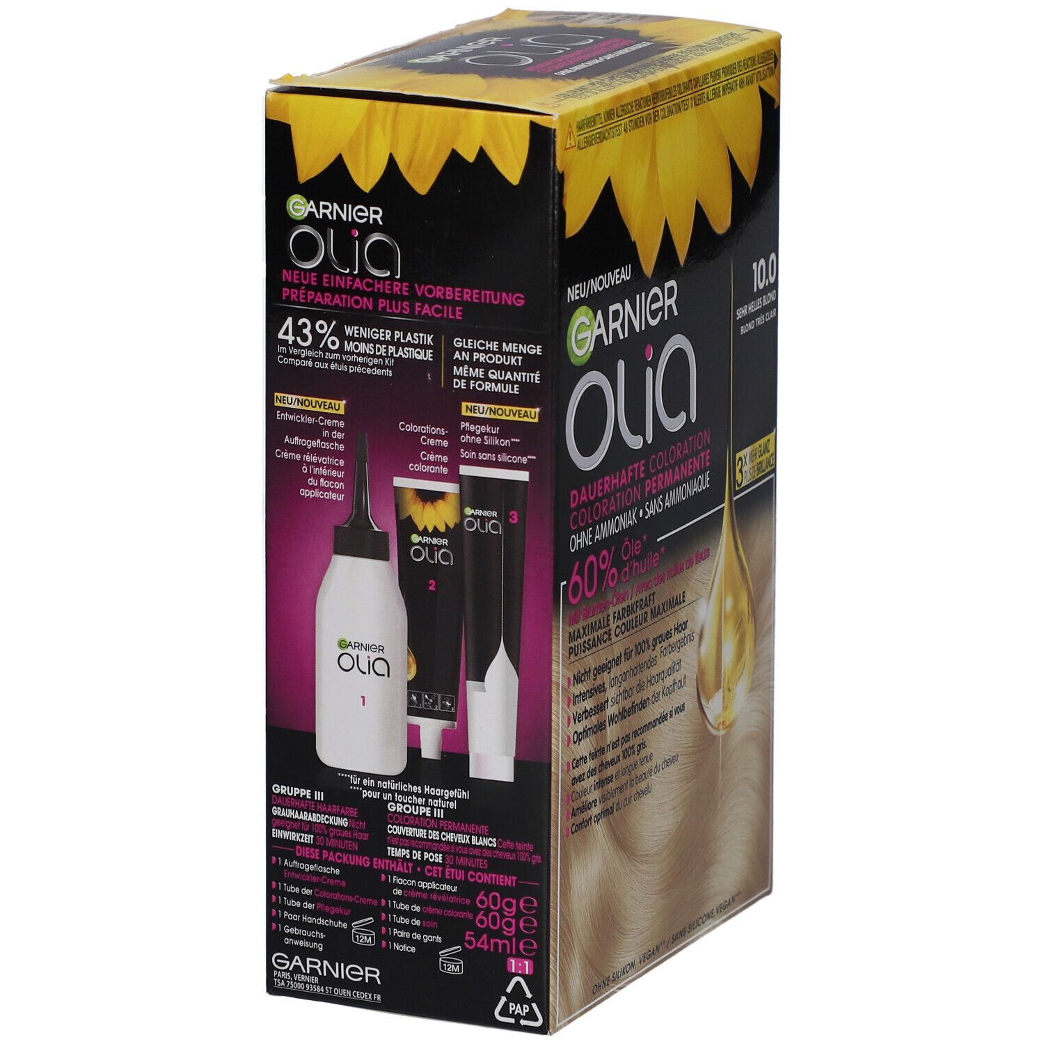 Garnier Olia, boîte avec composants: flacon, applicateur, crème. Détails et instructions.
