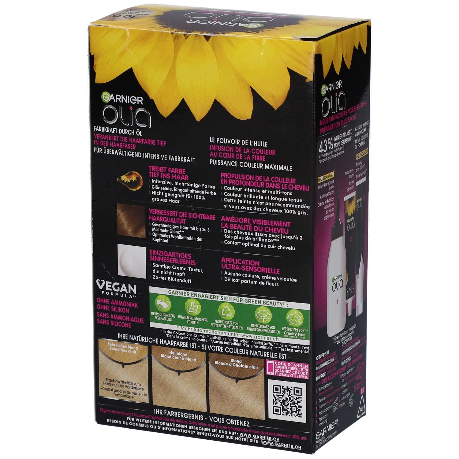 Garnier Olia, dos de la boîte. Informations d'utilisation, ingrédients et résultats couleur.