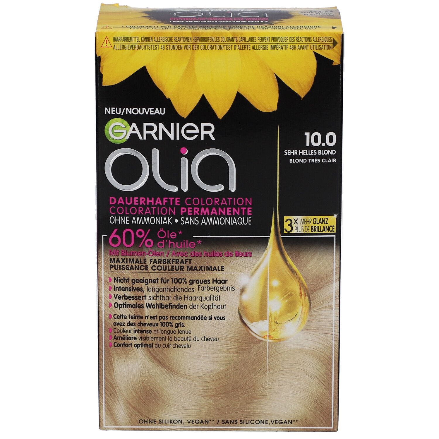 Garnier Olia, coloration 10.0 Blond très clair. Boîte avec infos produit et illustration goutte d'huile.