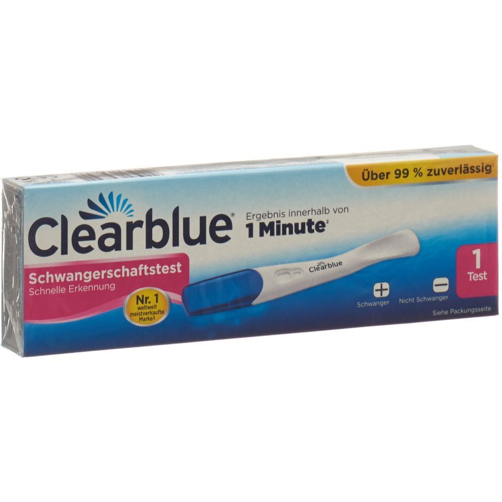 Verpackung von Clearblue Schwangerschaftstest. Enthält einen Test. Blaue und weiße Verpackung mit Test-Abbildung.