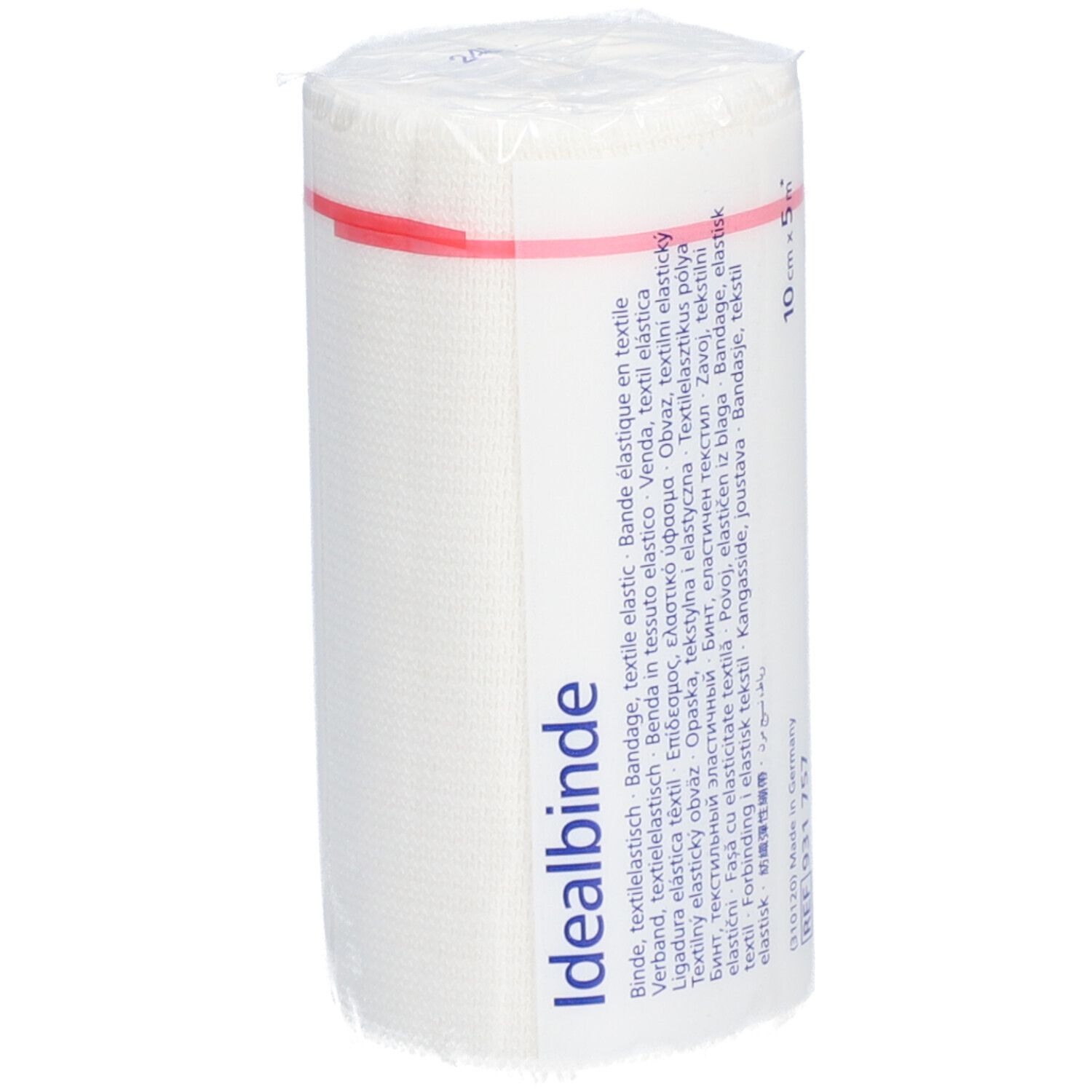 Idealbinde, textilelastische Binde. Weiß, gerollt in Folie. Roter Streifen. Aufdrucke in mehreren Sprachen.