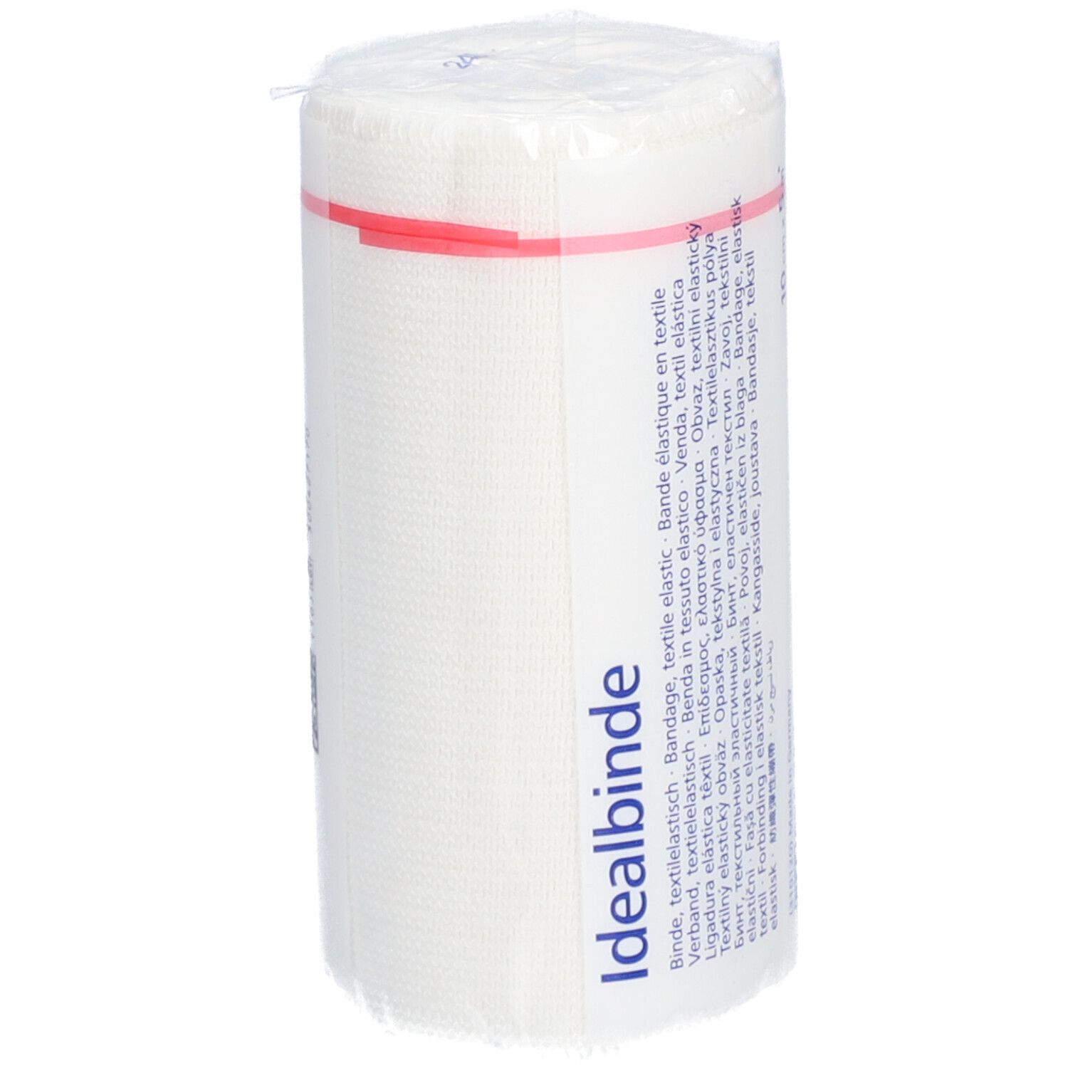 Idealbinde, textilelastische Binde. Weiß, gerollt in Folie. Roter Streifen. Aufdrucke in mehreren Sprachen.
