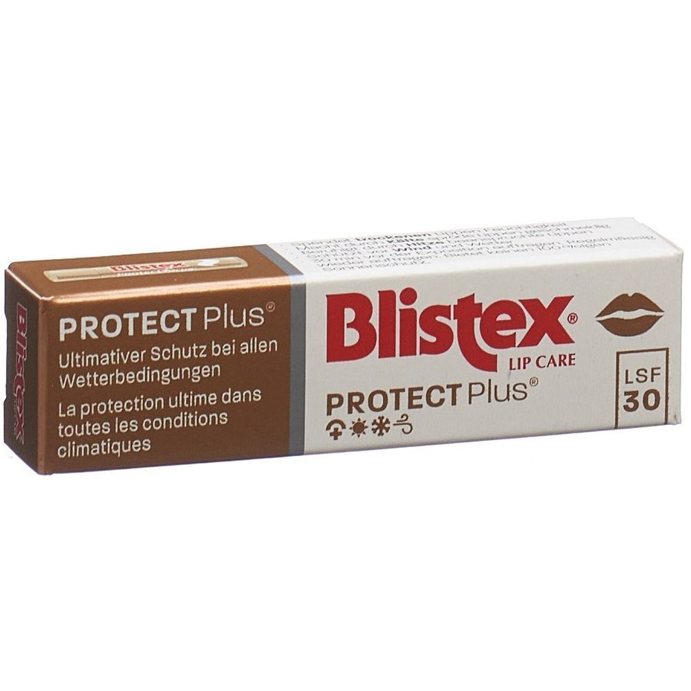 Karton mit Blistex® PROTECT Plus® LSF 30. Braun-weiße Verpackung. Text: PROTECT Plus®, LSF 30, Lippenpflege.