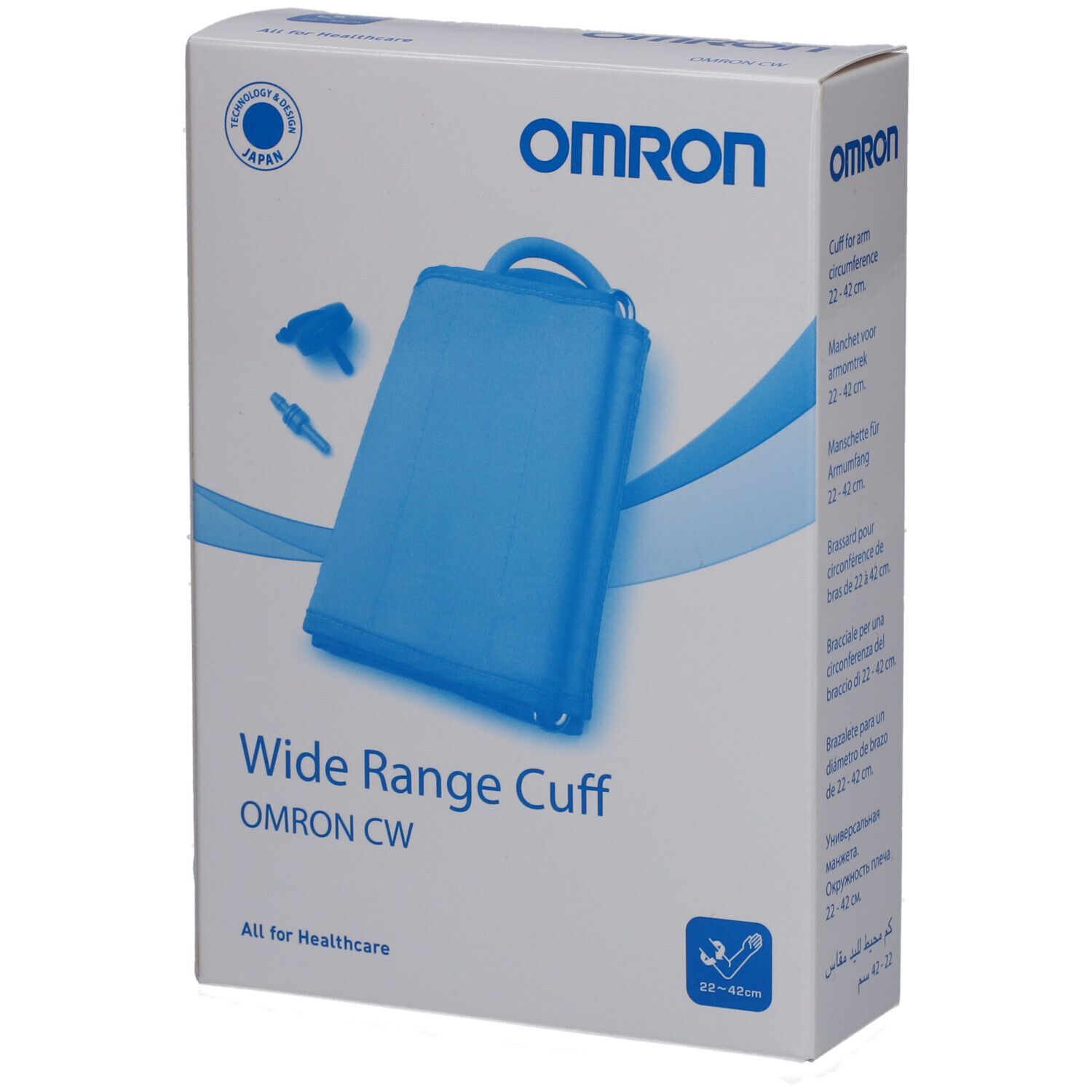 Verpackung mit blauem Omron-Blutdruckmanschette. Aufschrift: Wide Range Cuff, Omron CW. Für Armumfang 22-42 cm.