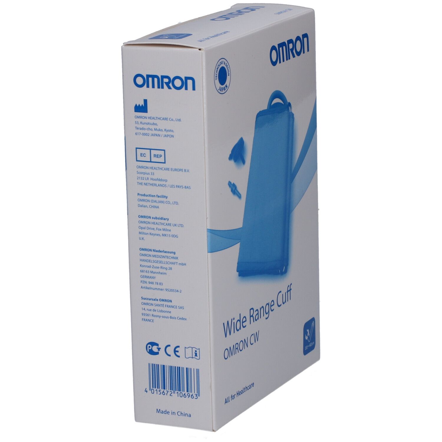 Schräg stehende Verpackung mit blauem Omron-Blutdruckmanschette. Aufschrift: Wide Range Cuff, Omron CW. Für Armumfang 22-42 cm.