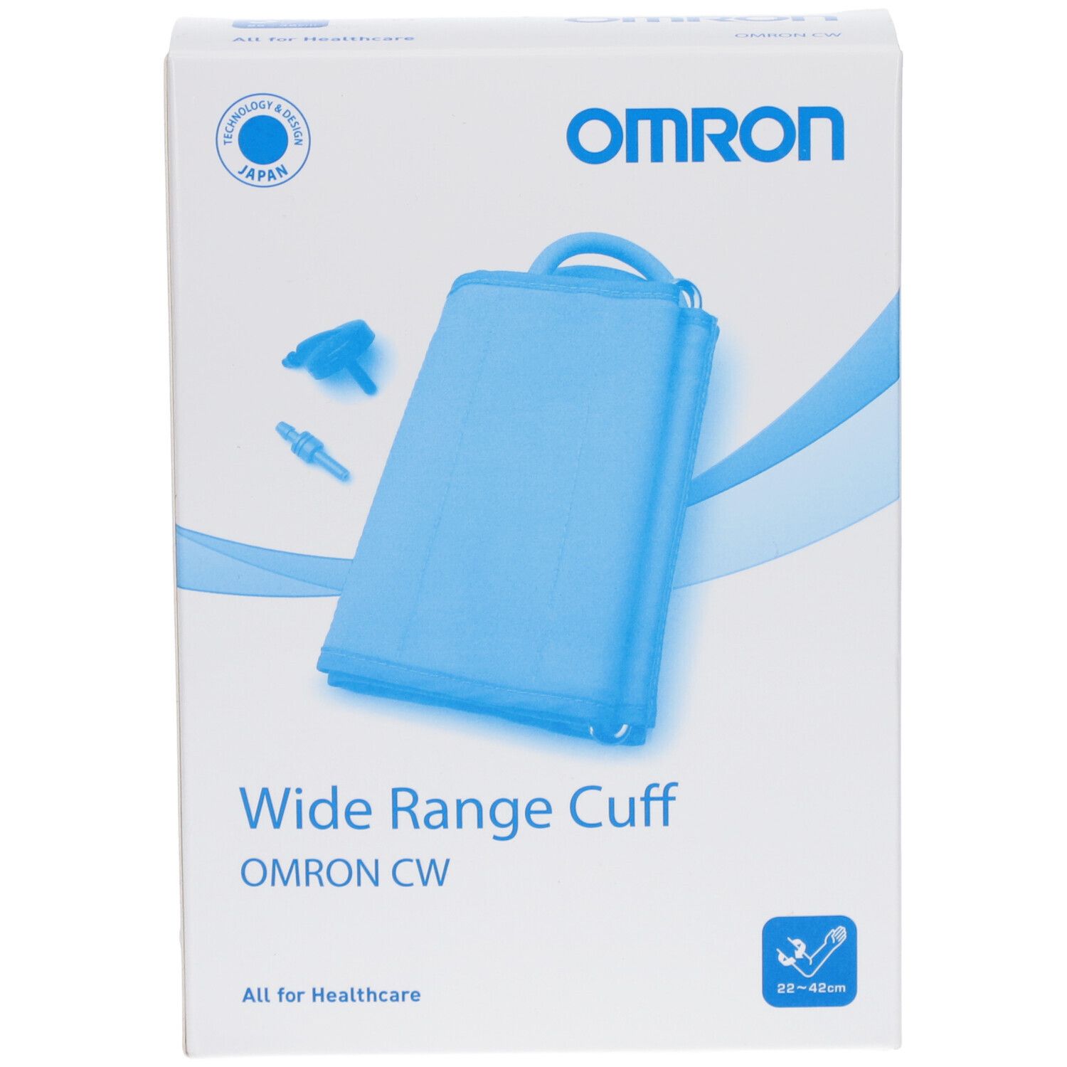 Verpackung mit blauem Omron-Blutdruckmanschette. Aufschrift: Wide Range Cuff, Omron CW. Für Armumfang 22-42 cm.