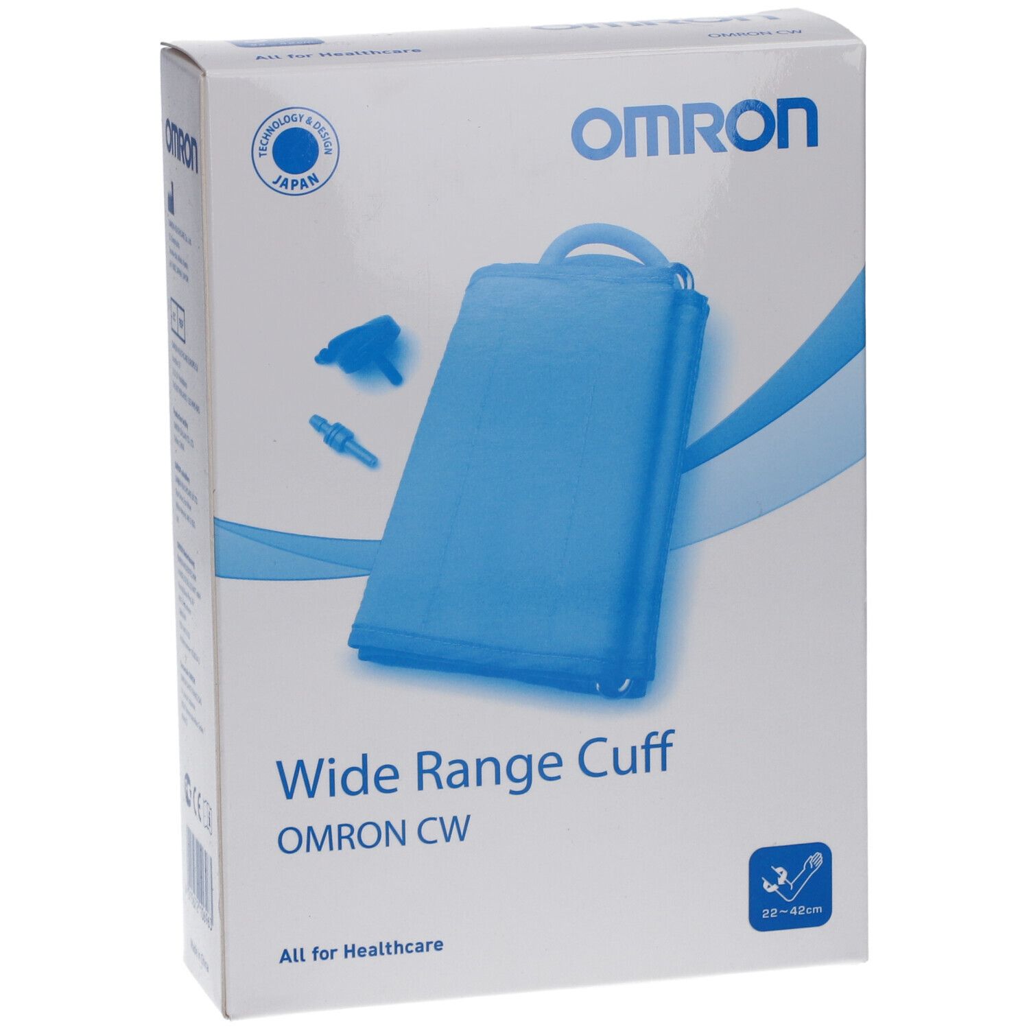 Verpackung mit blauem Omron-Blutdruckmanschette. Aufschrift: Wide Range Cuff, Omron CW. Für Armumfang 22-42 cm.