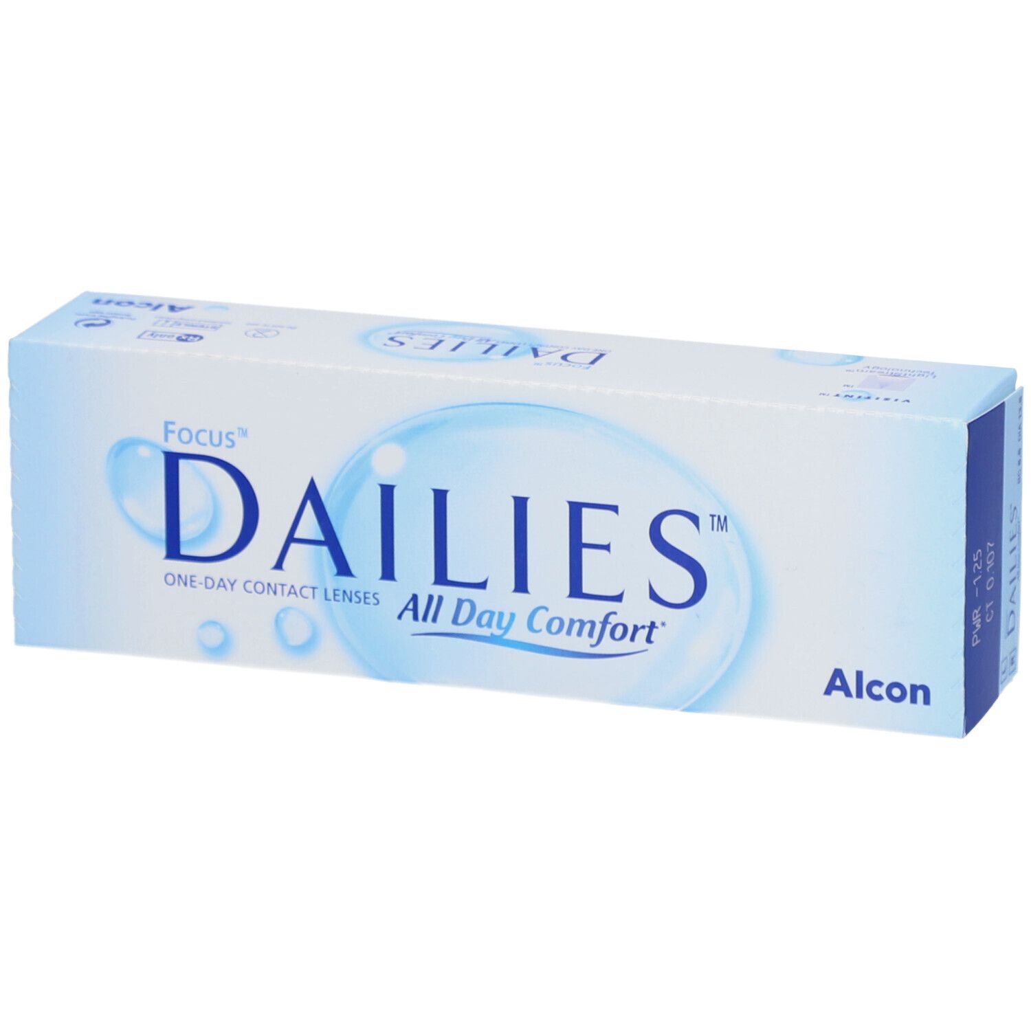 Boîte bleu clair avec inscription Dailies, Focus, All Day Comfort et Alcon. Emballage de lentilles de contact.