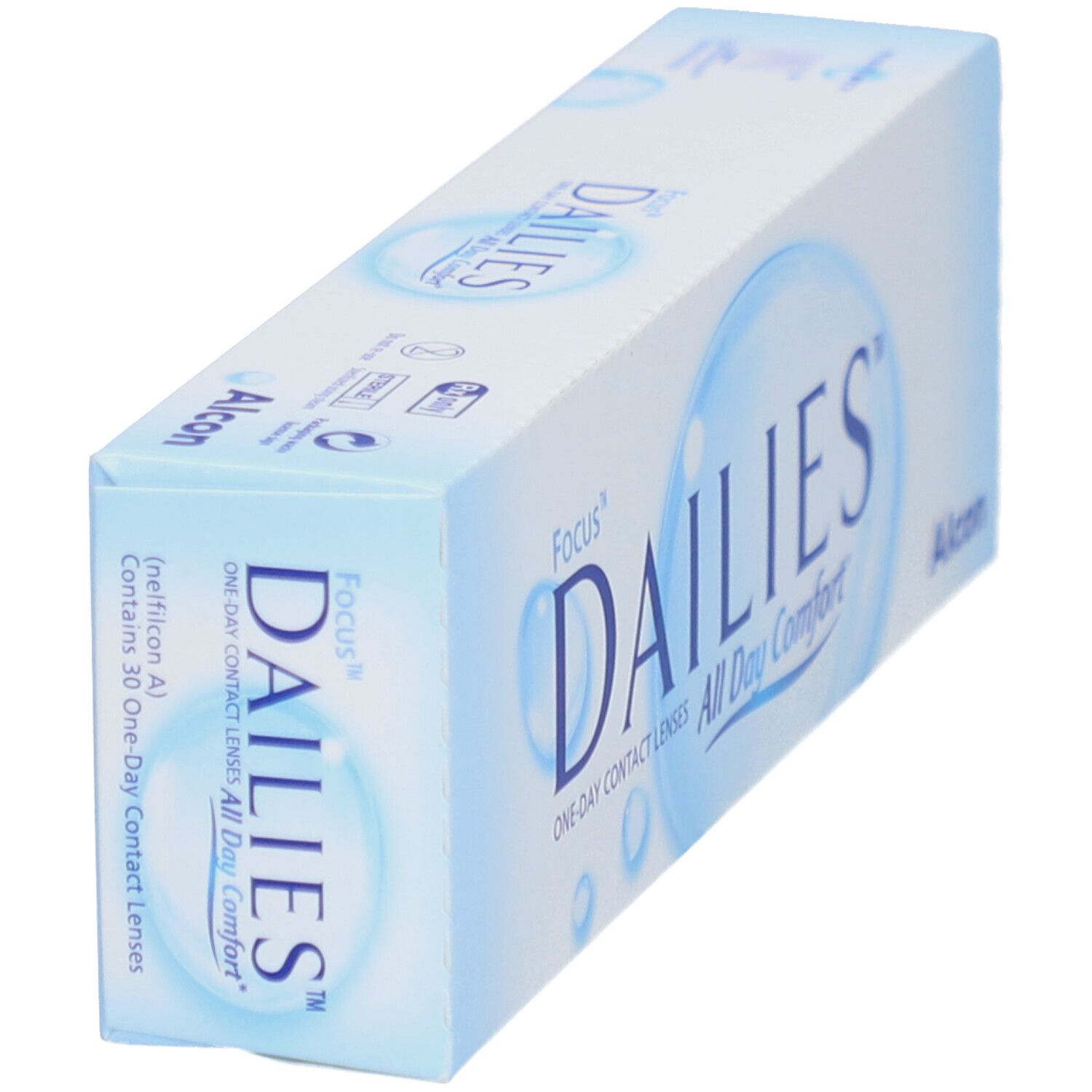 Boîte Dailies, Focus, All Day Comfort et Alcon. Contient 30 lentilles. Emballage bleu.