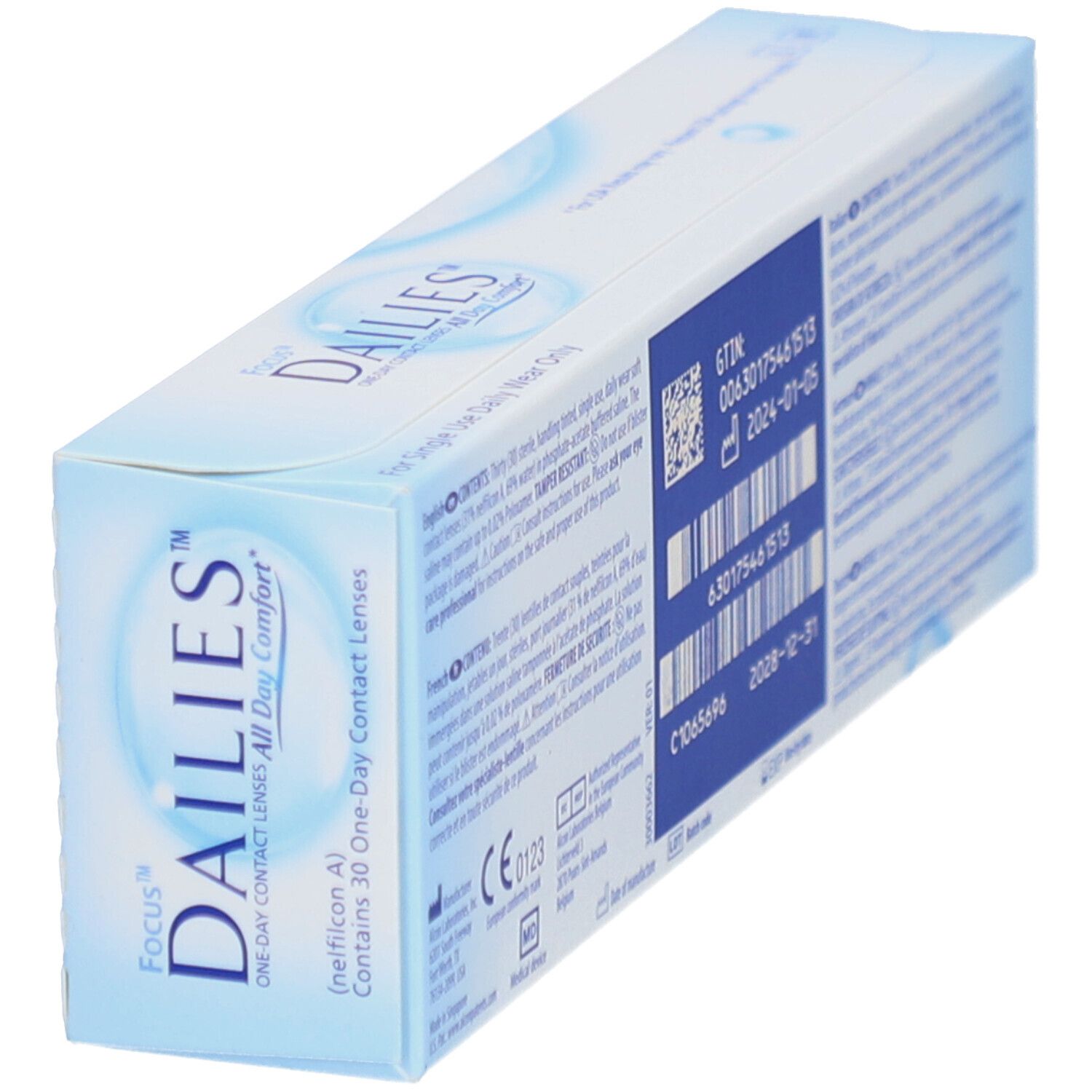 Boîte Dailies, Focus, All Day Comfort et Alcon. Contient 30 lentilles. Emballage bleu.