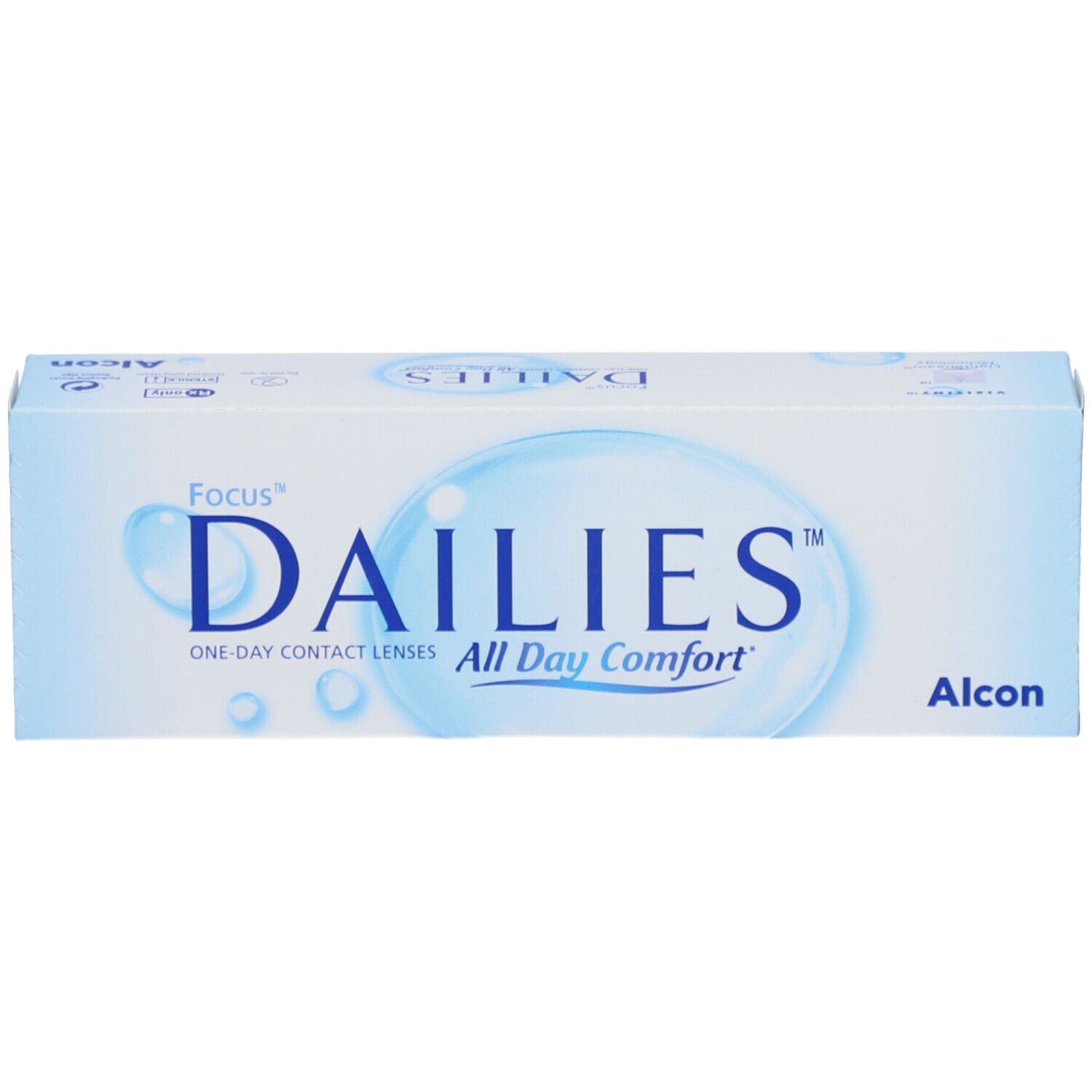 Boîte bleu clair avec inscription Dailies, Focus, All Day Comfort et Alcon. Emballage de lentilles de contact.