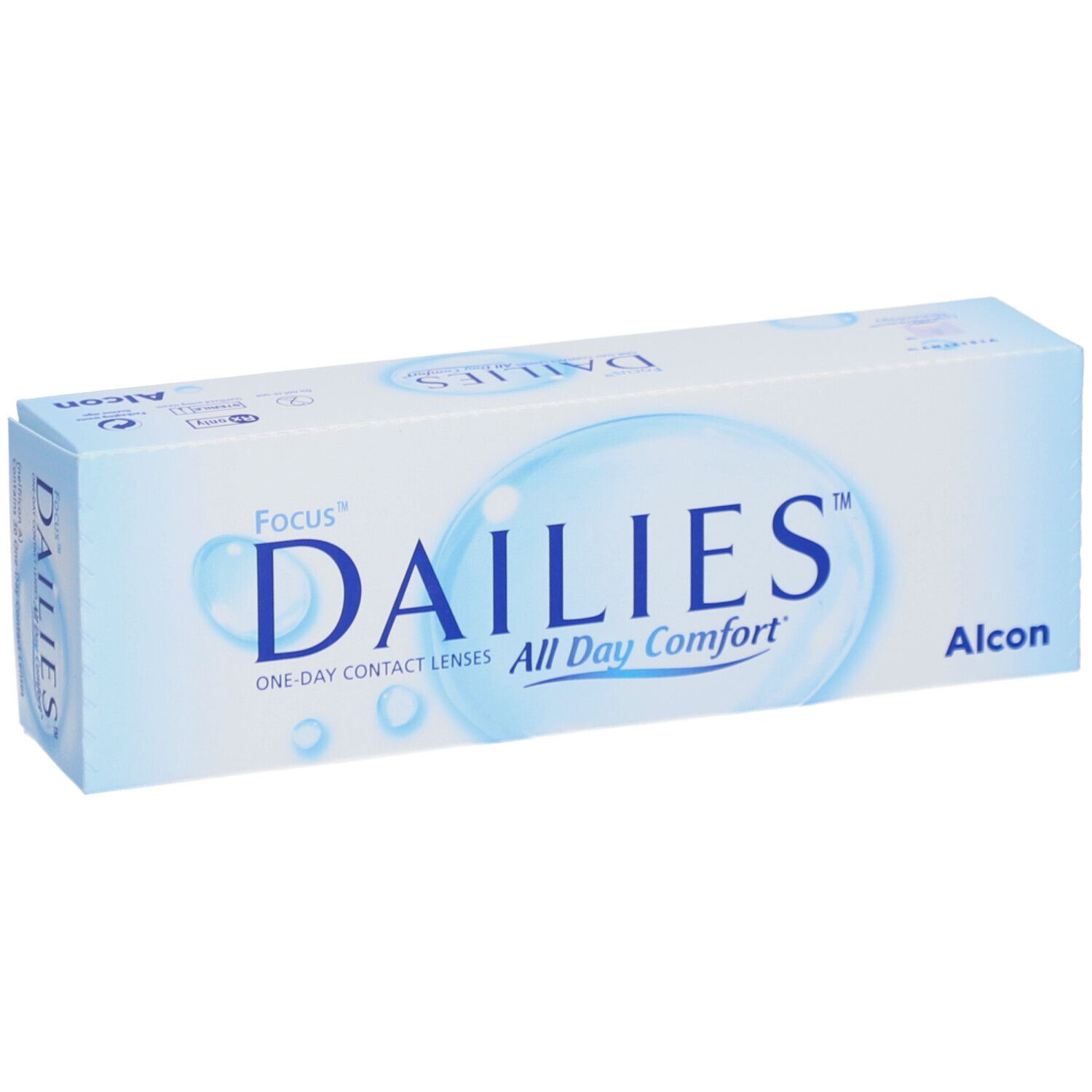 Boîte bleu clair avec inscription Dailies, Focus, All Day Comfort et Alcon. Emballage de lentilles de contact.