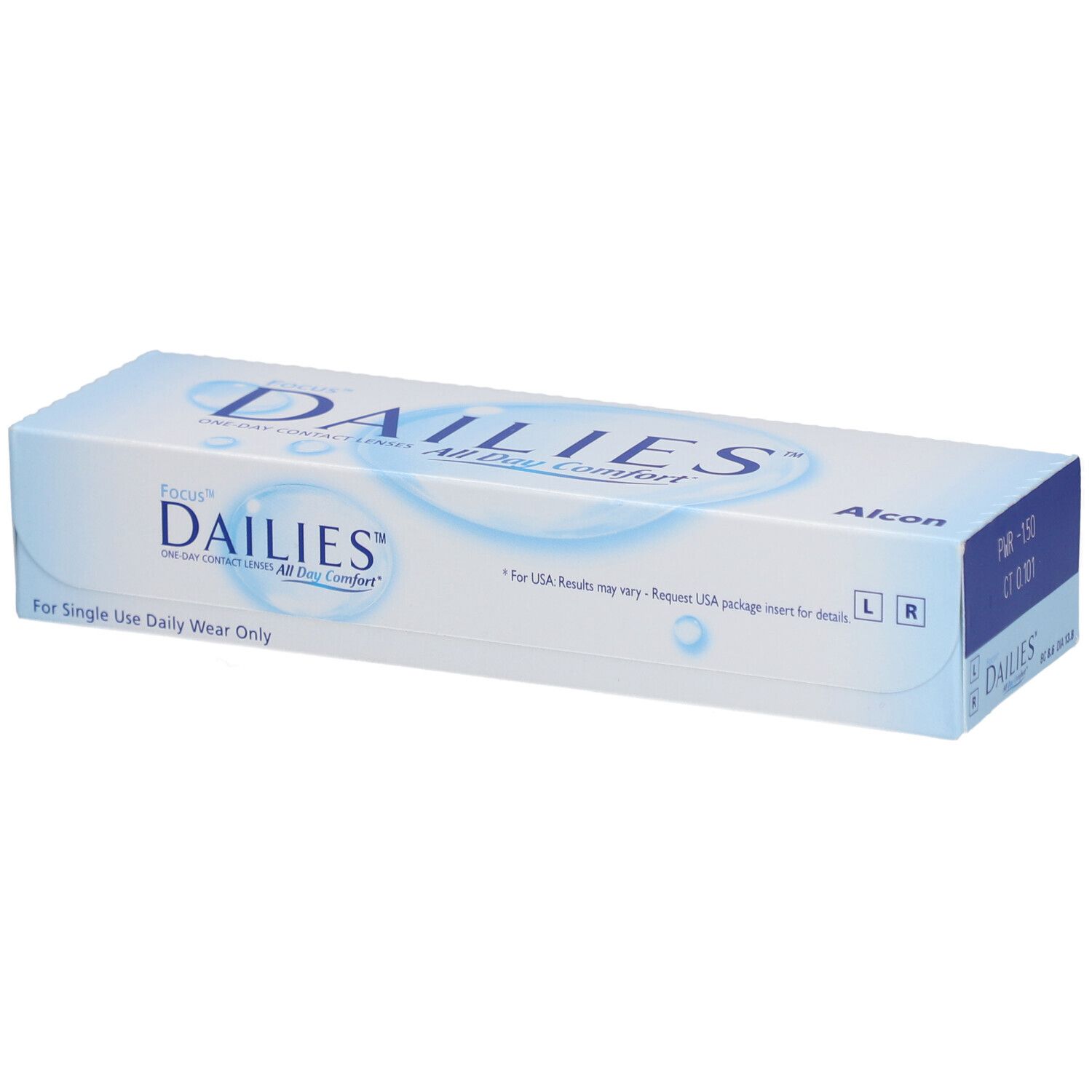 Verpakking van FOCUS DAILIES All Day Comfort daglenzen. Blauw-witte doos met productnaam en Alcon-logo.