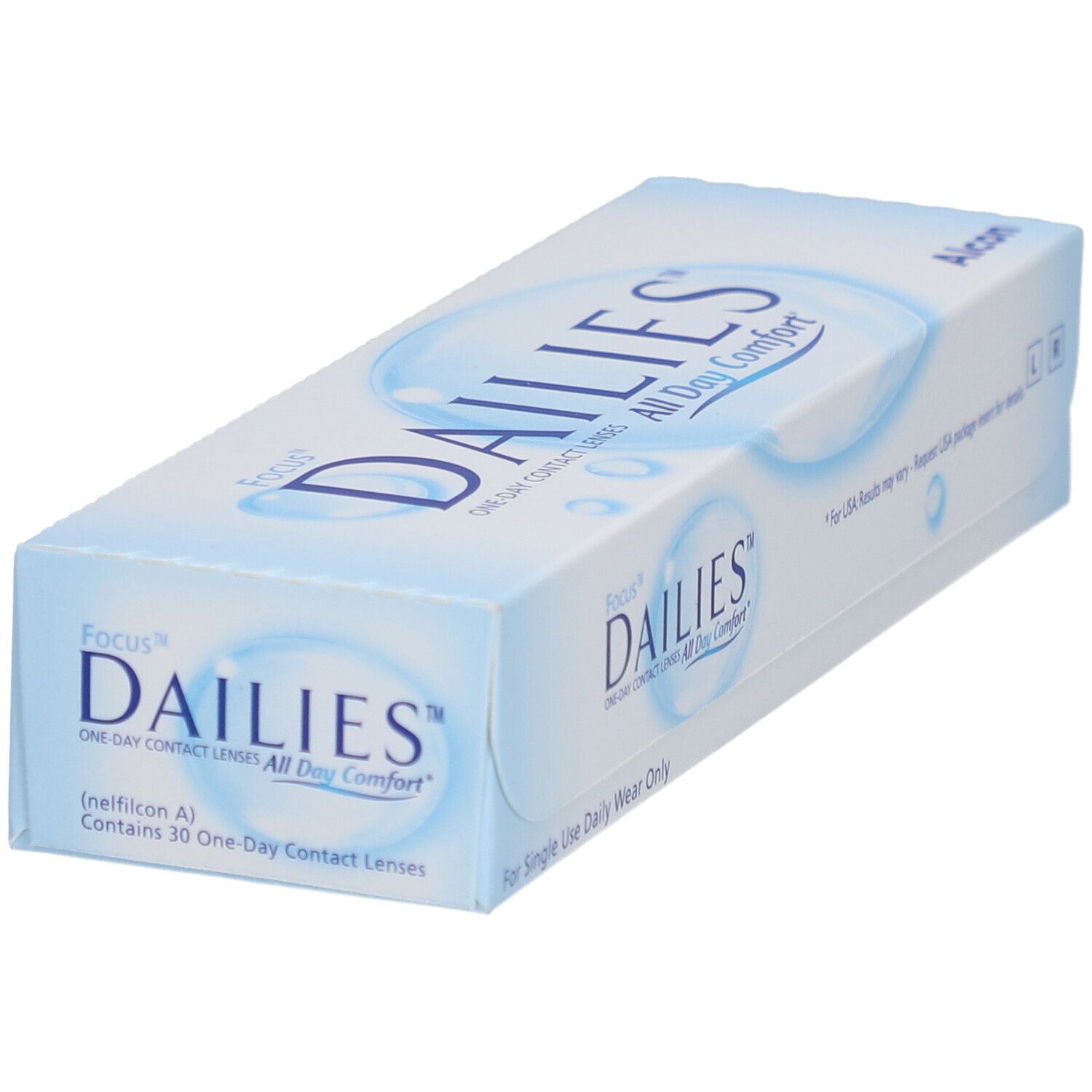 Doos met FOCUS DAILIES All Day Comfort daglenzen. Blauw-witte verpakking met productnaam en Alcon-logo.