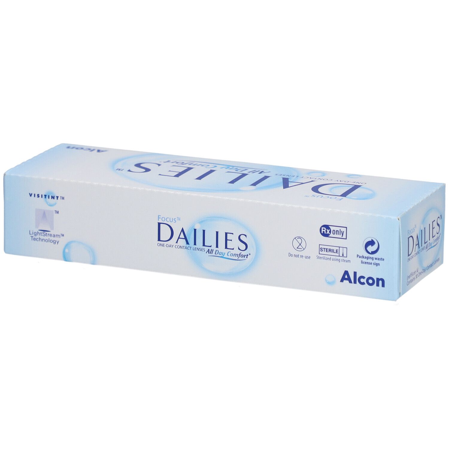 Verpakking van FOCUS DAILIES All Day Comfort daglenzen. Blauw-witte doos met productnaam, Alcon-logo en Visineer-technologie.