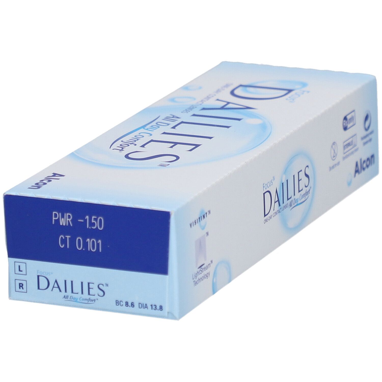Doos met FOCUS DAILIES All Day Comfort daglenzen. Blauw-witte verpakking met productinformatie en Alcon-logo.