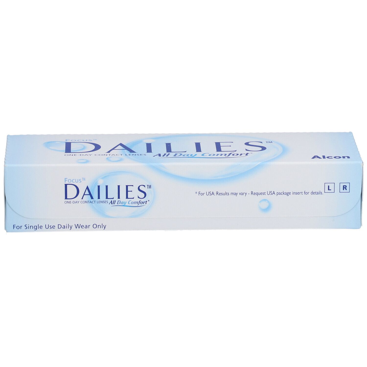 Verpakking van FOCUS DAILIES All Day Comfort daglenzen. Blauw-witte doos met productnaam en Alcon-logo.