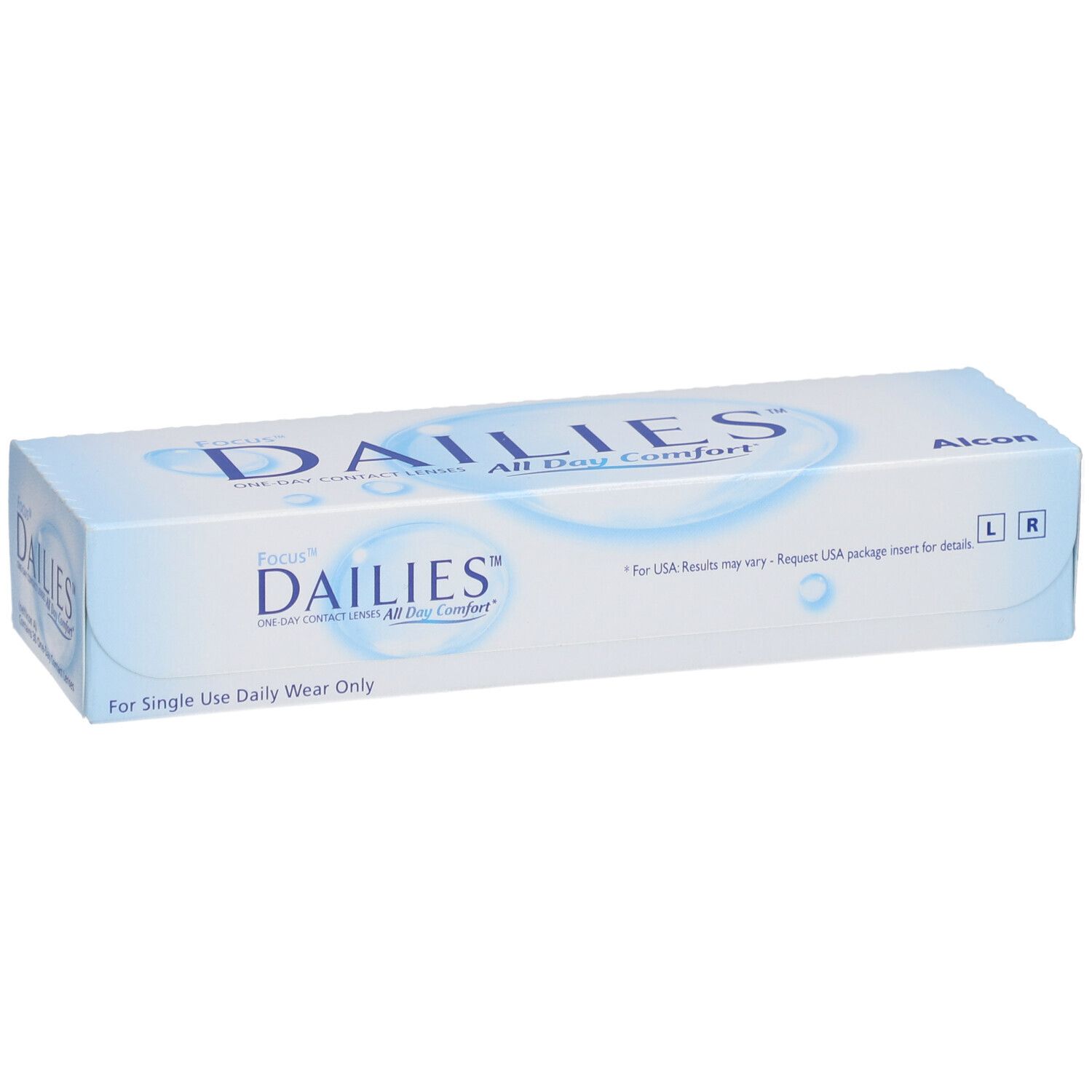 Verpakking van FOCUS DAILIES All Day Comfort daglenzen. Blauw-witte doos met productnaam en Alcon-logo.