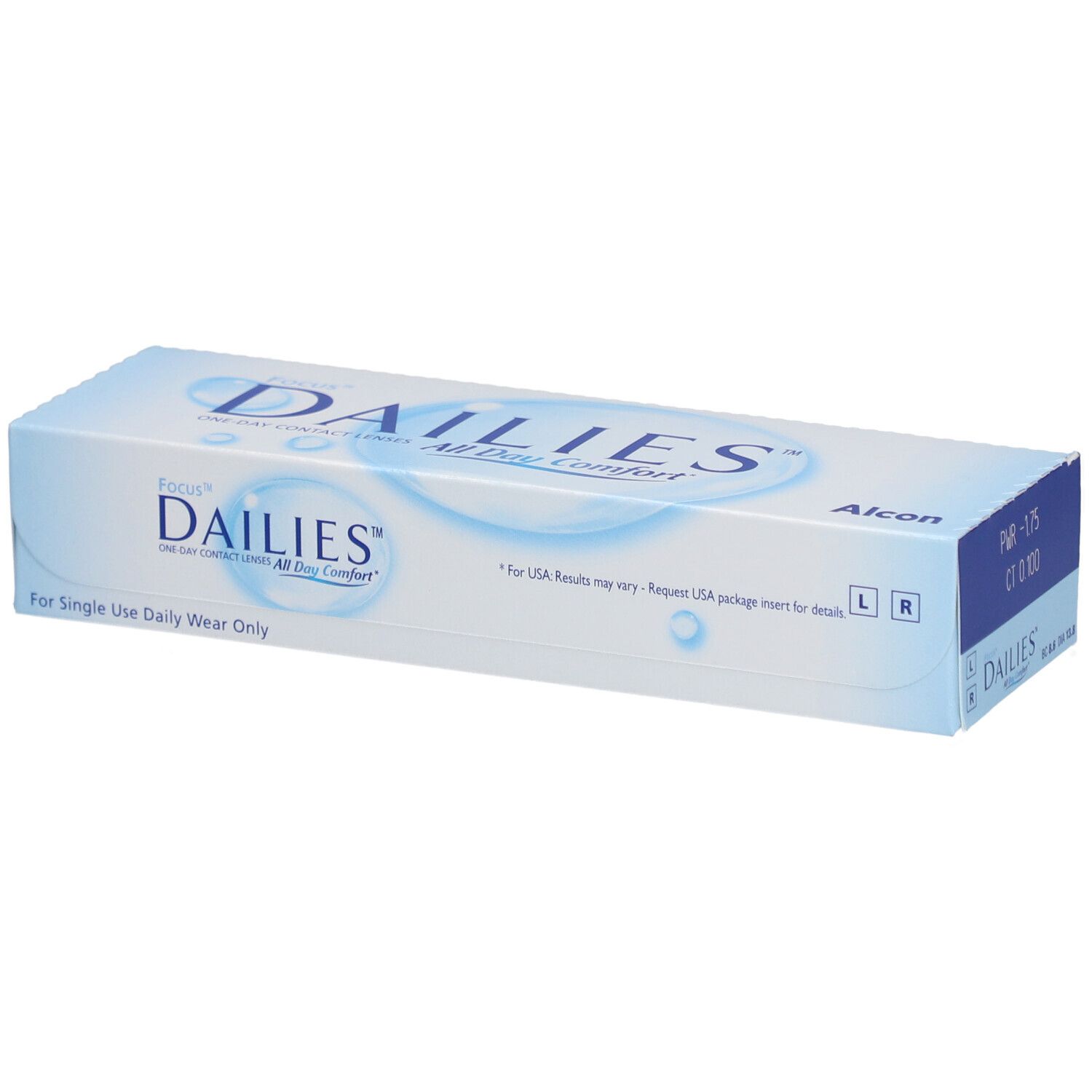 Boîte de lentilles de contact. Inscription: FOCUS DAILIES All Day Comfort. Fabricant: Alcon. Pour usage quotidien.