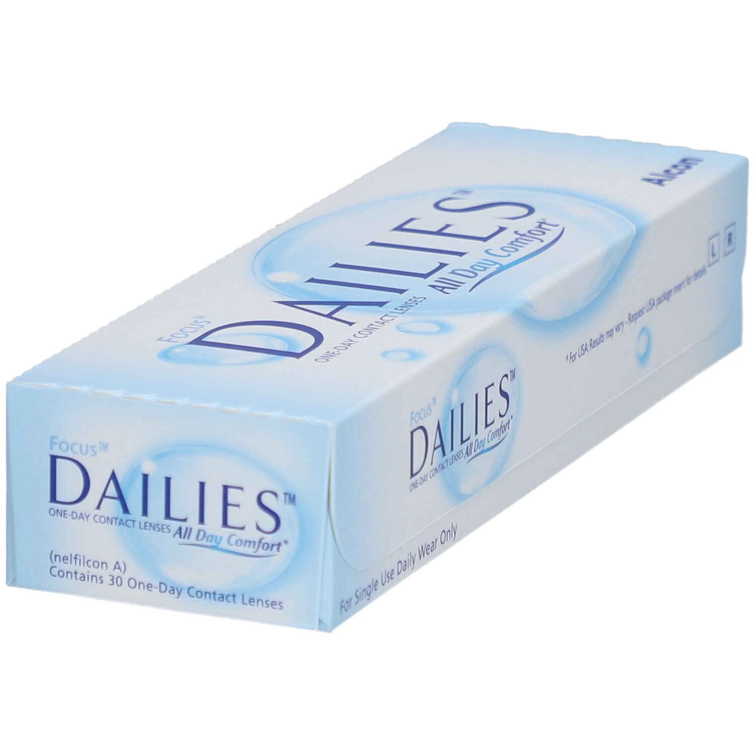Boîte de lentilles de contact. Inscription: FOCUS DAILIES All Day Comfort. Contient 30 lentilles journalières. Fabricant: Alcon.