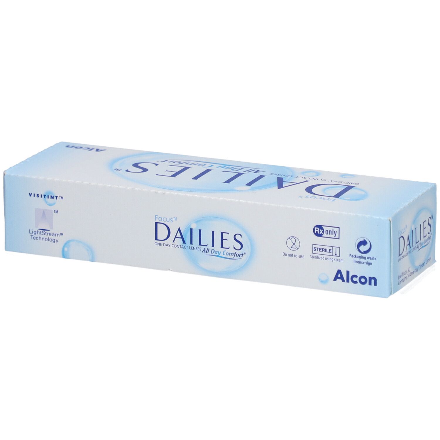Boîte de lentilles de contact. Inscription: FOCUS DAILIES All Day Comfort. Fabricant: Alcon. Pour usage quotidien. Stérile.