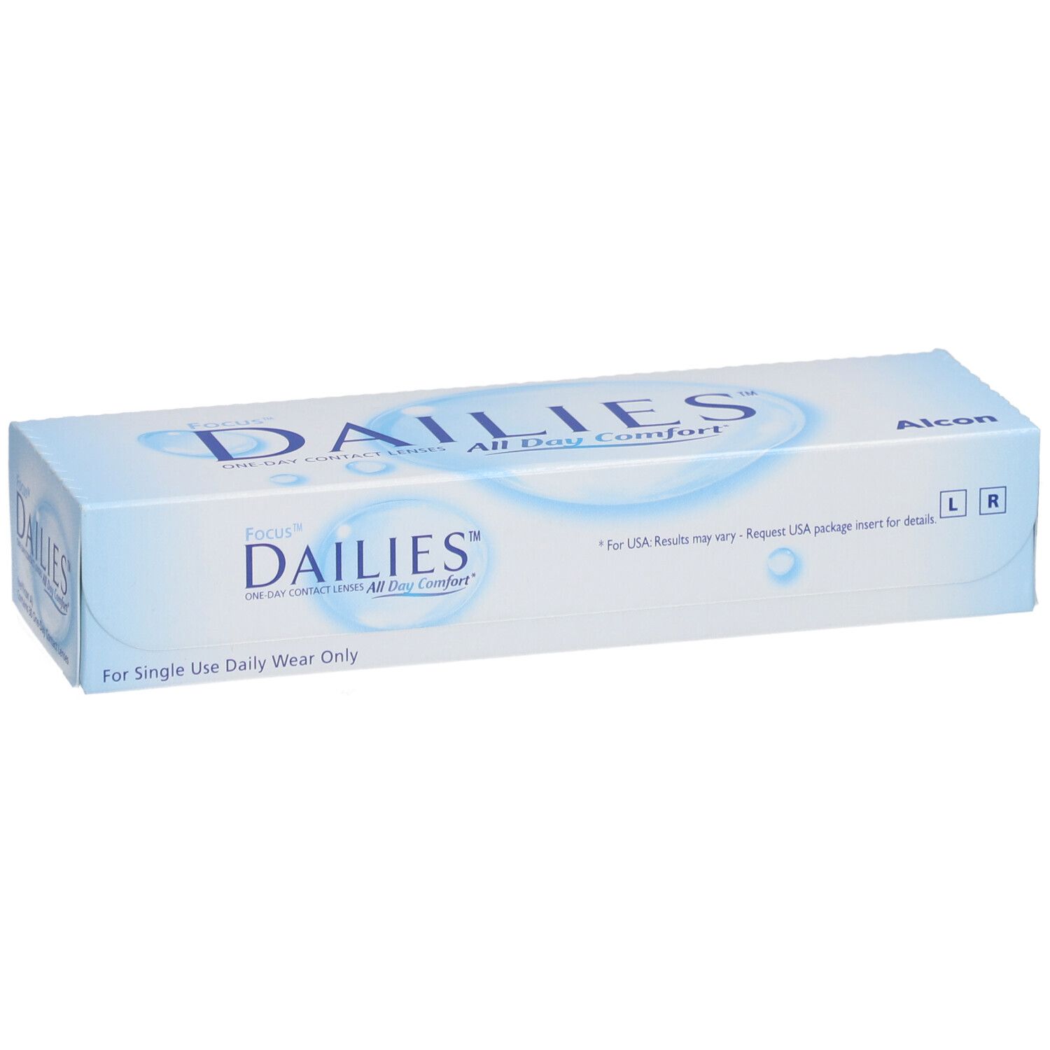 Boîte de lentilles de contact. Inscription: FOCUS DAILIES All Day Comfort. Fabricant: Alcon. Pour usage quotidien. G/D.