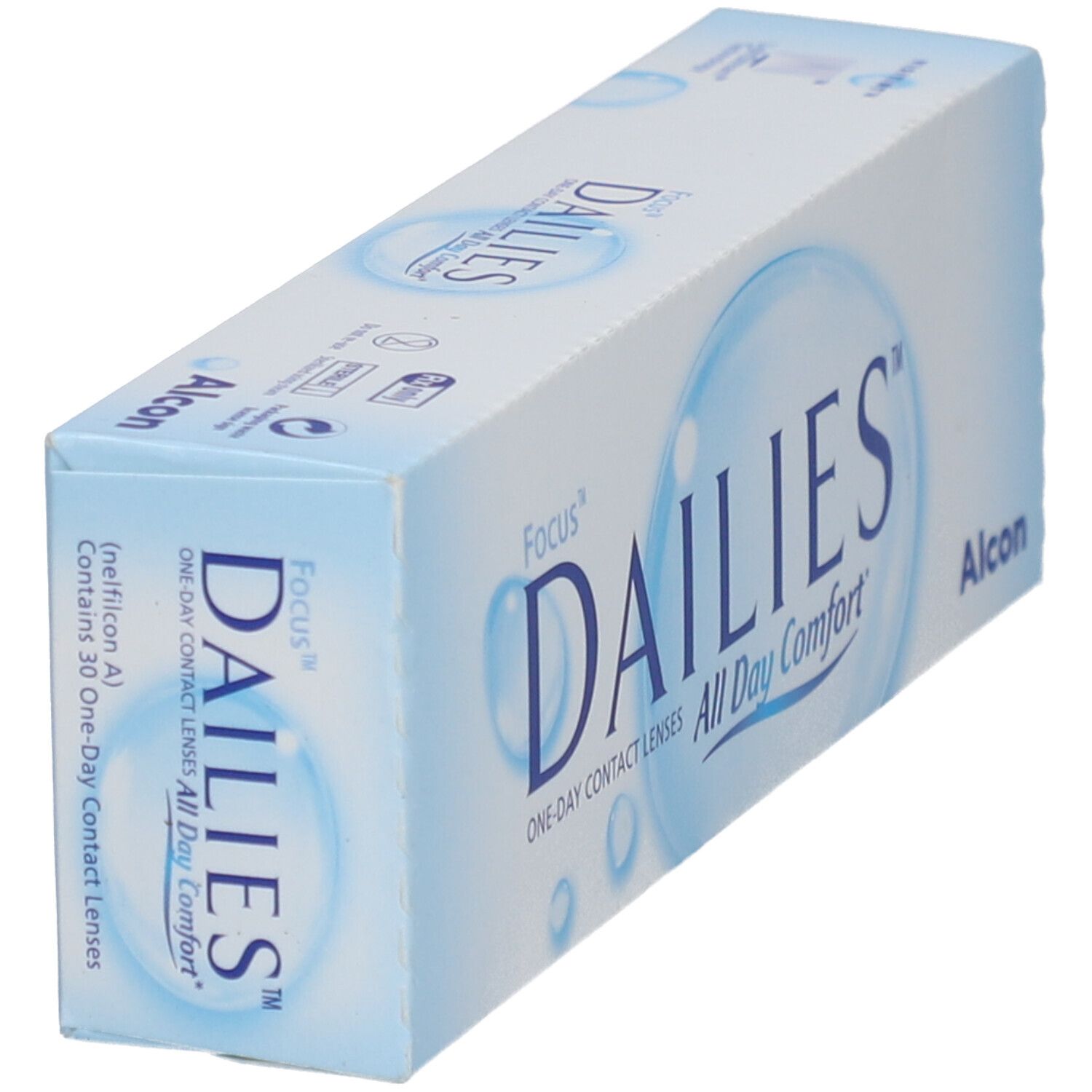 Doosje contactlenzen. Opschrift: Focus Dailies All Day Comfort. Merk: Alcon.