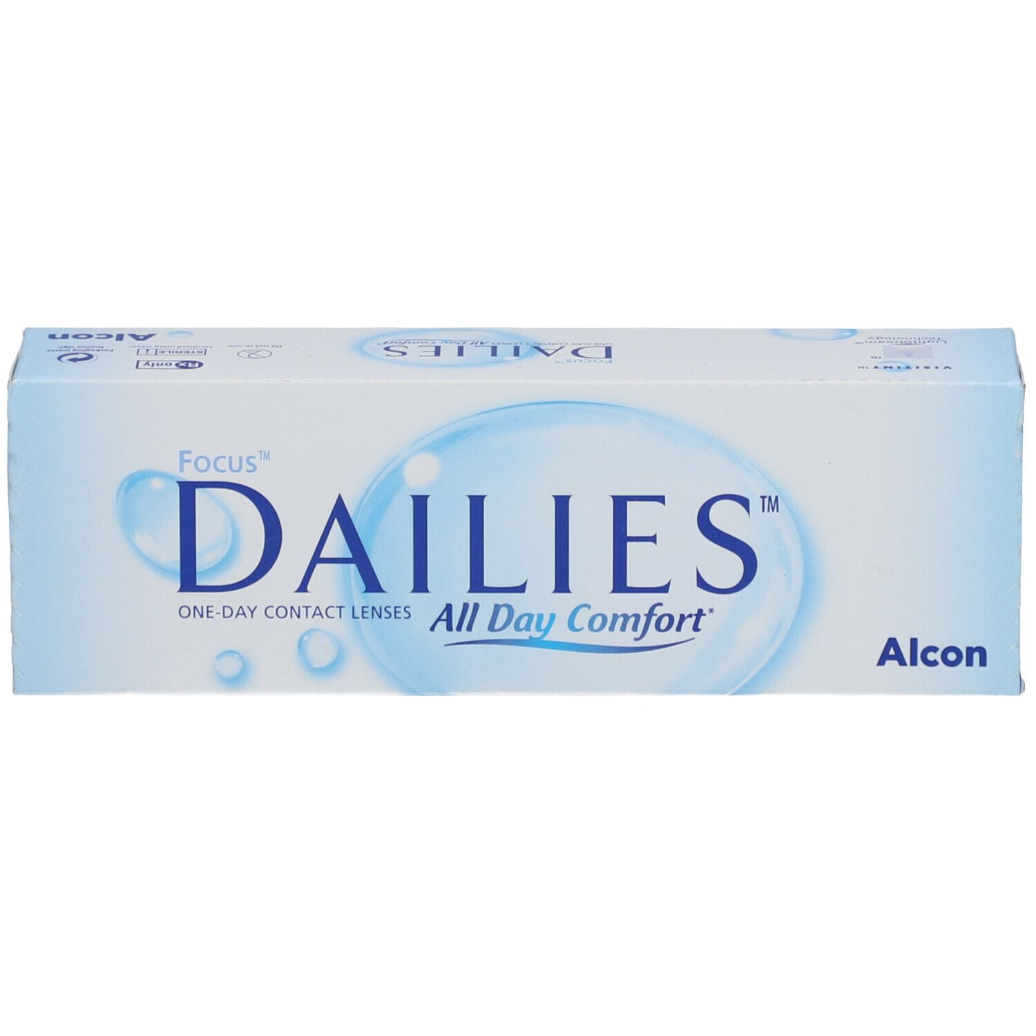 Doosje contactlenzen. Opschrift: Focus Dailies All Day Comfort. Merk: Alcon.