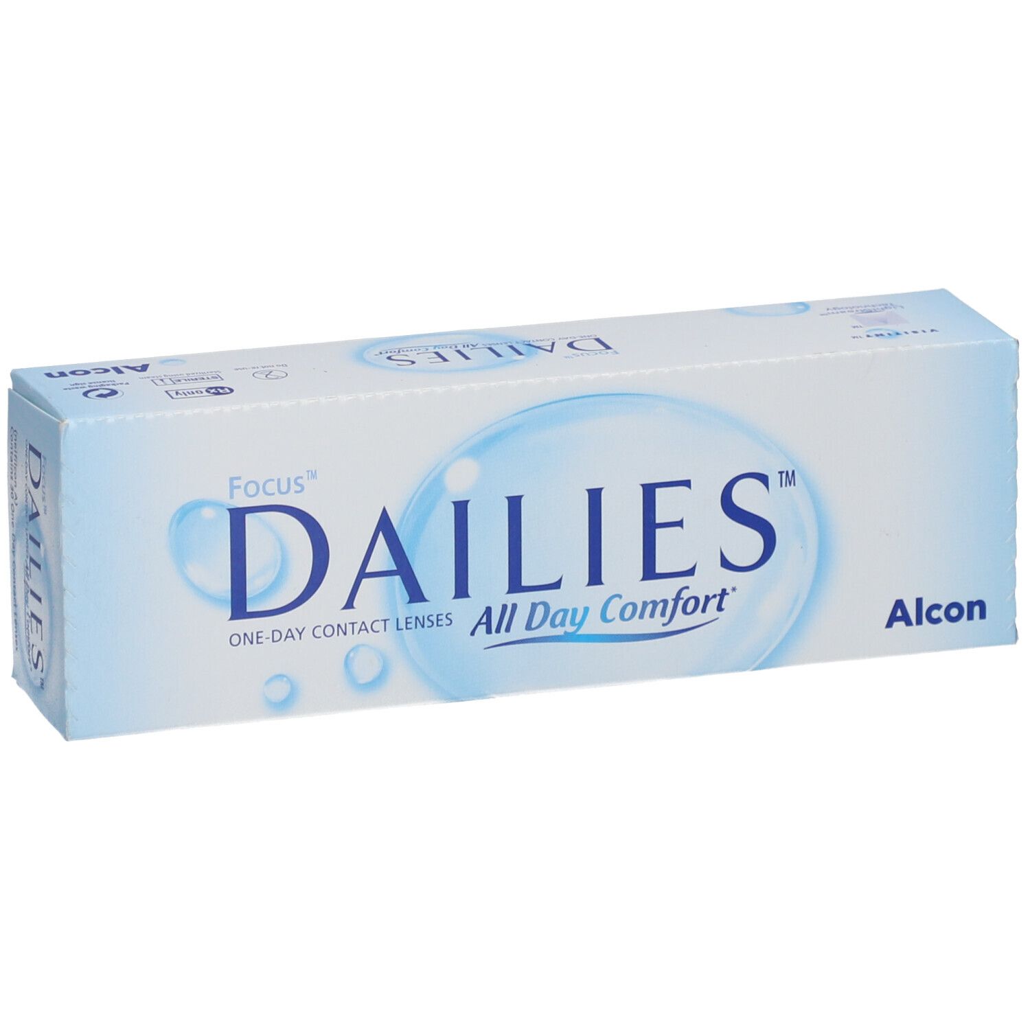 Doosje contactlenzen. Opschrift: Focus Dailies All Day Comfort. Merk: Alcon.