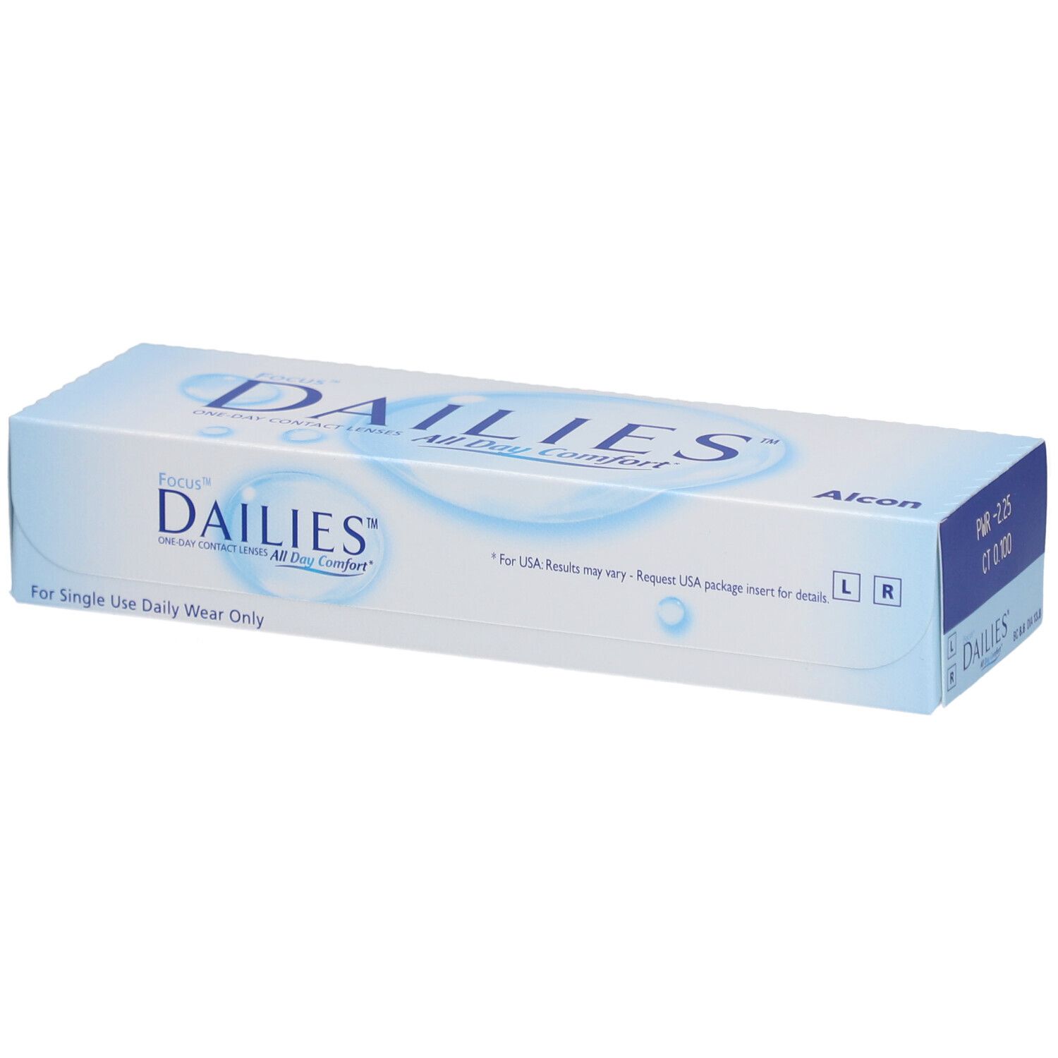 Verpackung von FOCUS DAILIES All Day Comfort Tageslinsen. Blaue und weiße Schachtel mit Produktnamen und Logos.