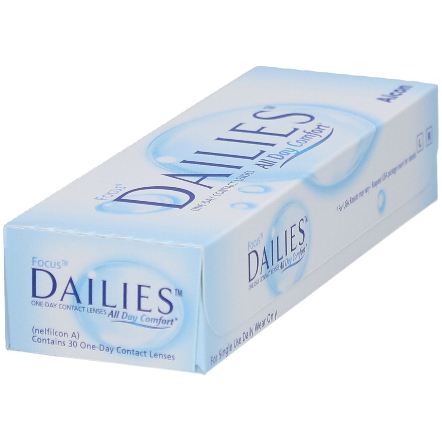 Schachtel mit FOCUS DAILIES All Day Comfort Tageslinsen. Blaue und weiße Verpackung mit Produktnamen und Logos.