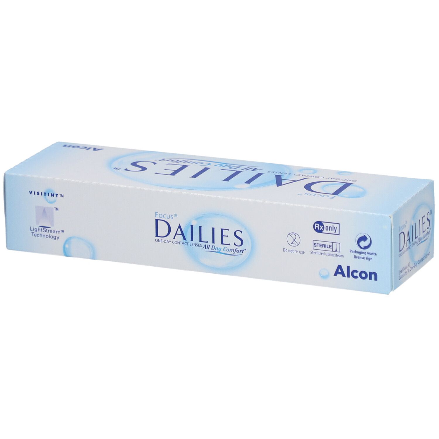 Verpackung von FOCUS DAILIES All Day Comfort Tageslinsen. Blaue und weiße Schachtel mit Produktnamen und Logos.