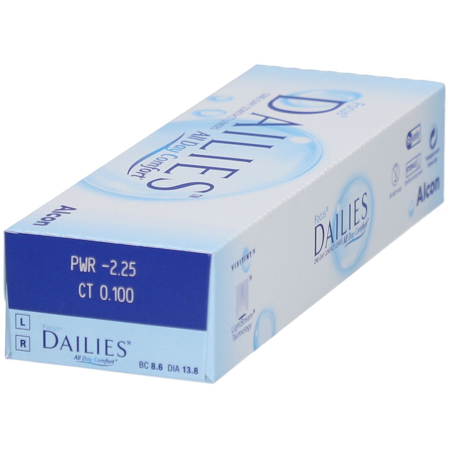 Schachtel mit FOCUS DAILIES All Day Comfort Tageslinsen. Blaue und weiße Verpackung mit Produktinformationen und Logos.