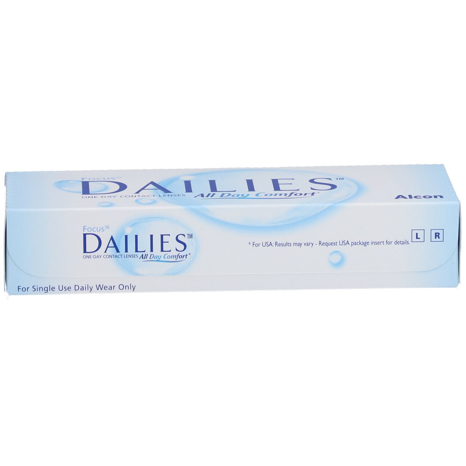 Verpackung von FOCUS DAILIES All Day Comfort Tageslinsen. Blaue und weiße Schachtel mit Produktnamen und Logos.