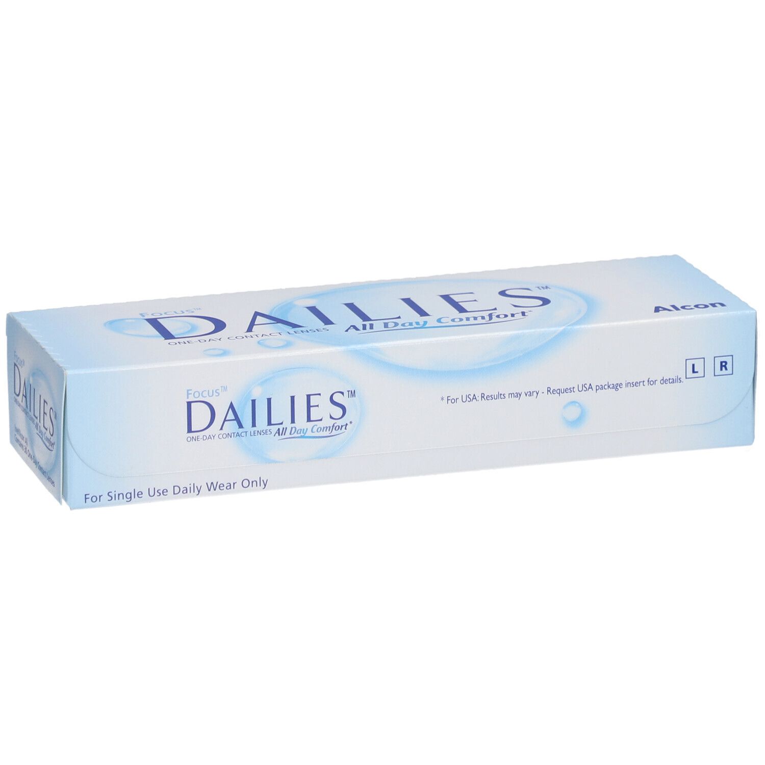 Verpackung von FOCUS DAILIES All Day Comfort Tageslinsen. Blaue und weiße Schachtel mit Produktnamen und Logos.